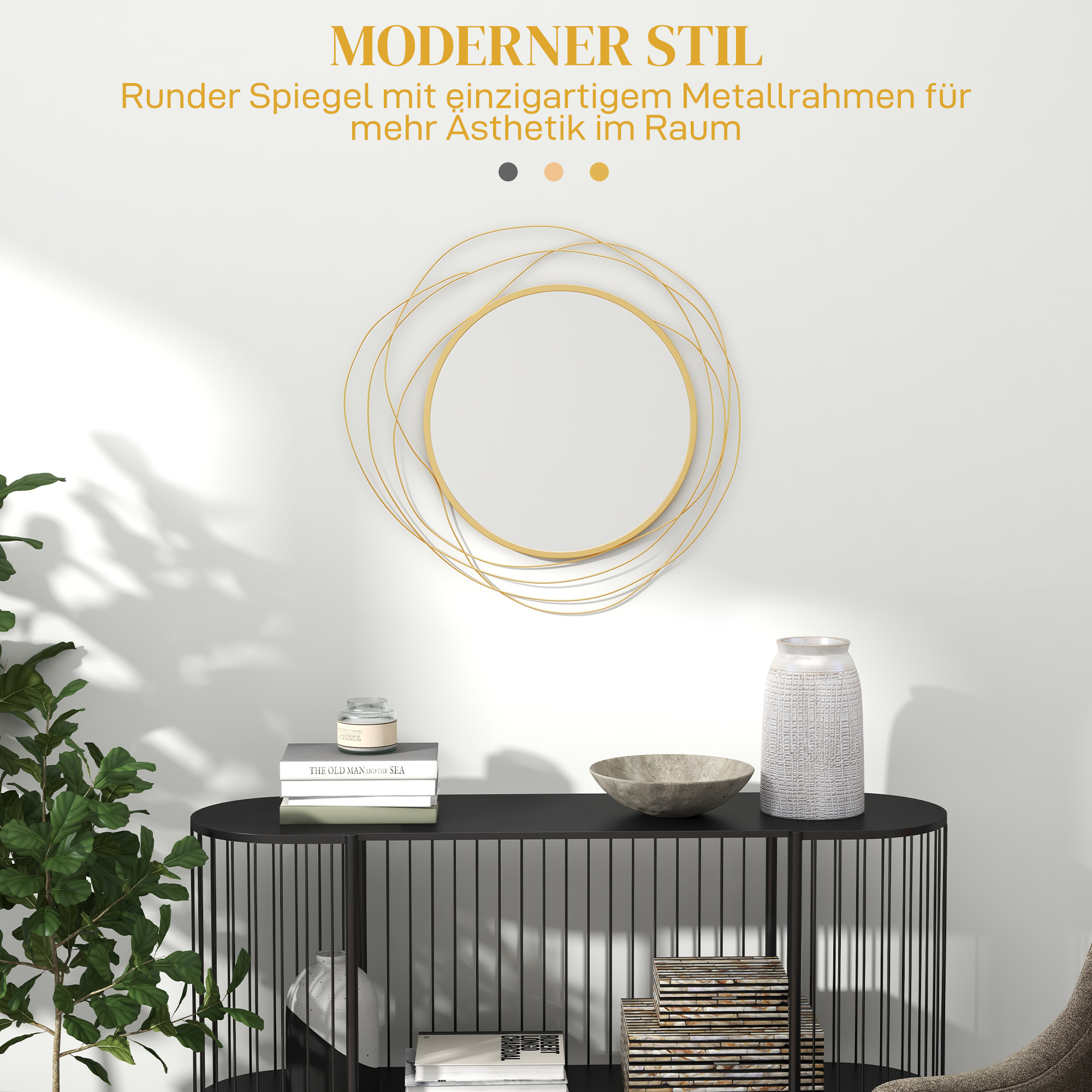 Wanddekoration, runder Wandspiegel, Metallrahmen, ?65 cm, Farbe: Gold