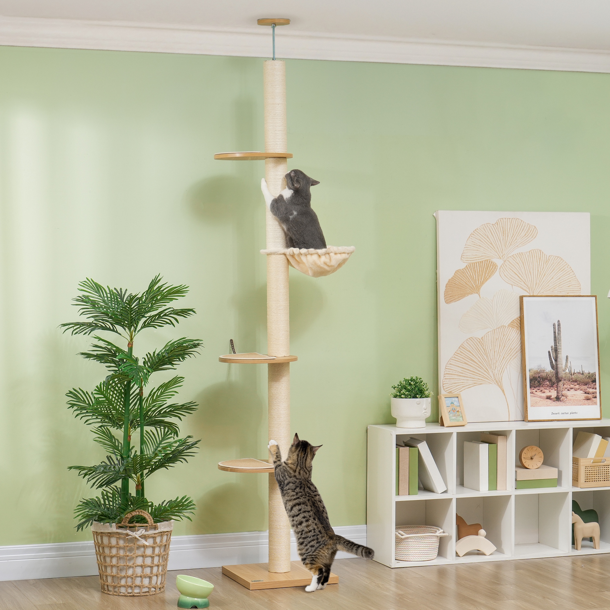 Deckenhoher Kratzbaum, Anti-Kipp-Sicherung, Sisal-Seilpfosten, Holzwerkstoff, Eiche+Cremeweiß