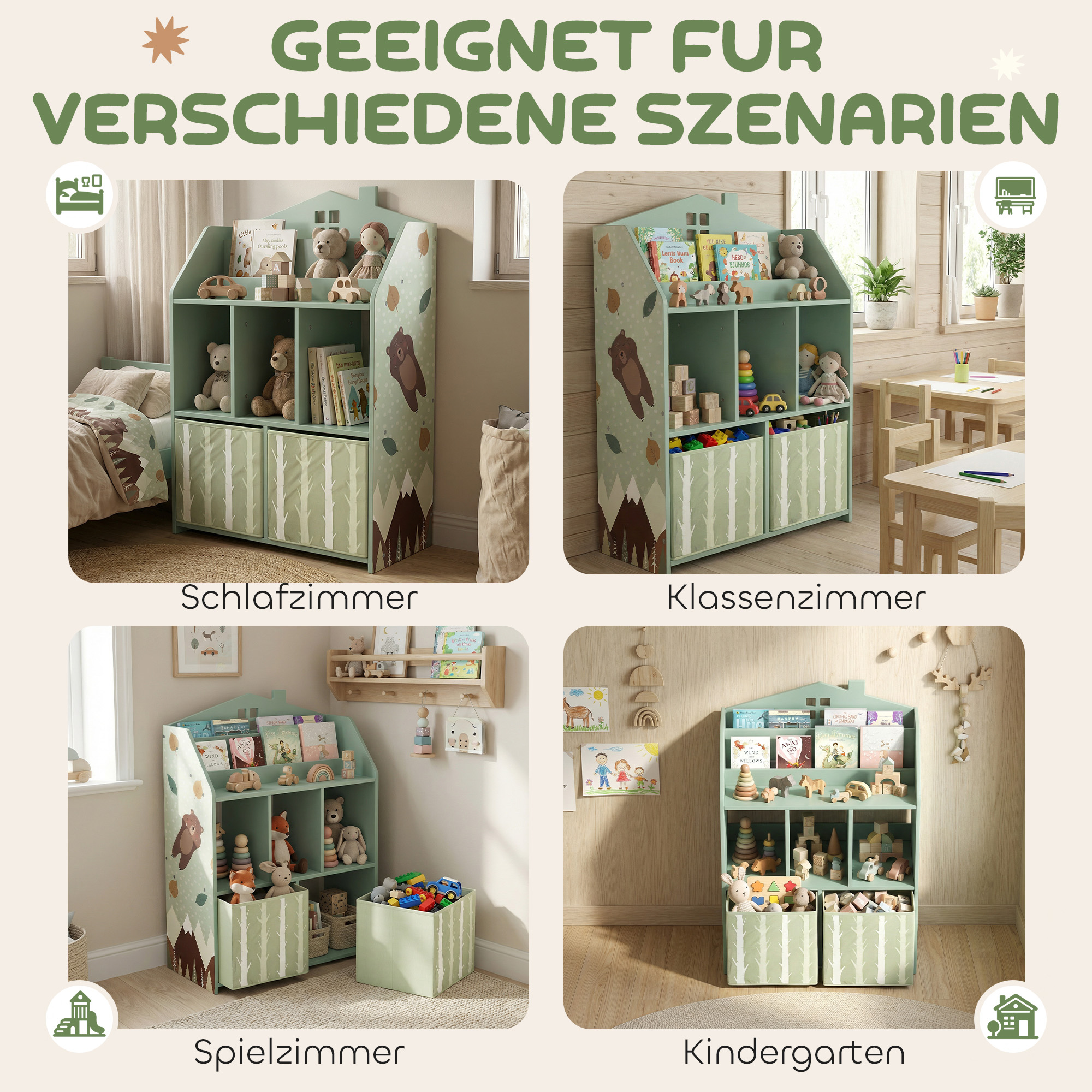 Kinderregal Bücherregal Kinder mit 2 Stoffschubladen offen Regal für 3-8 Jahre 62,5x30x91,5 cm Grün