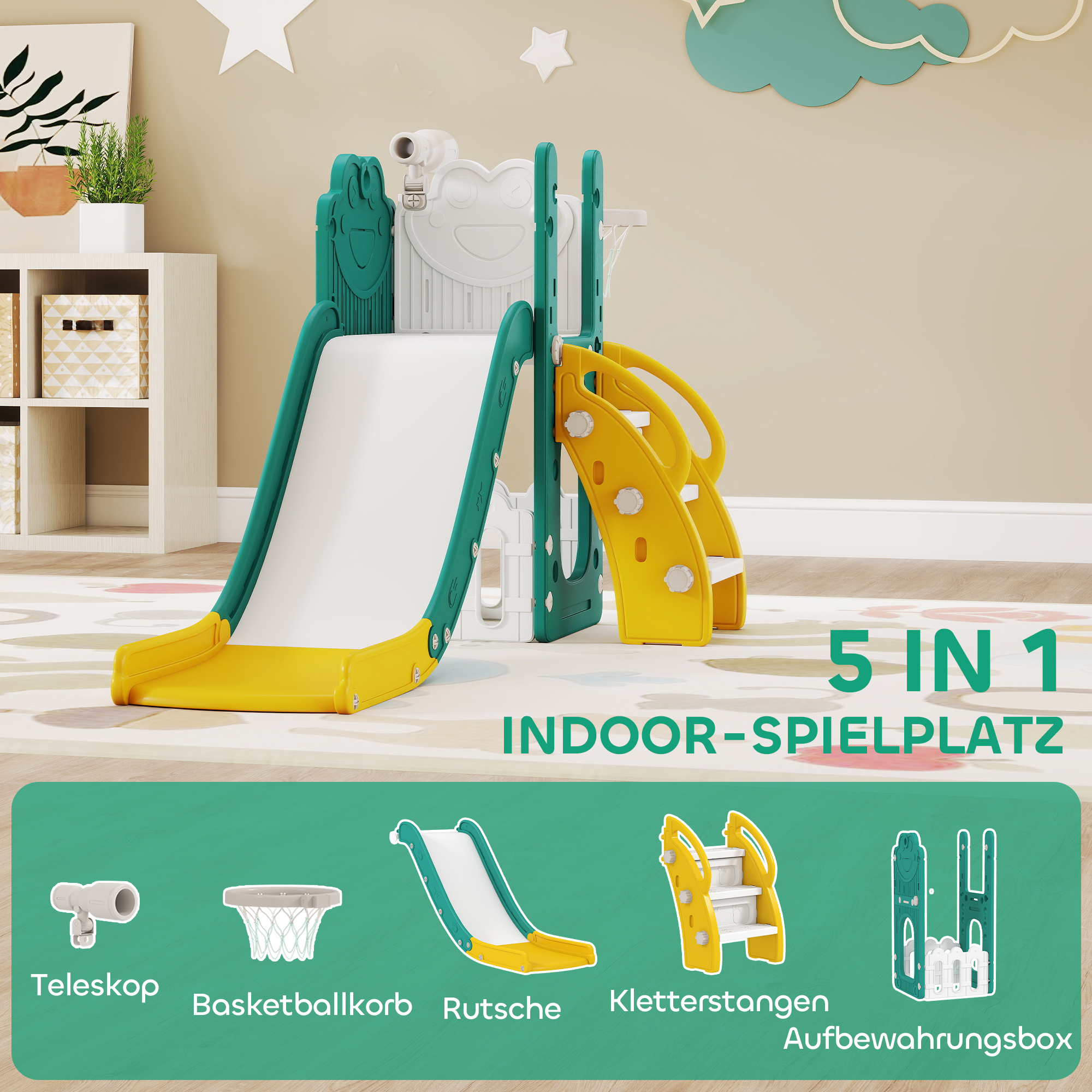 5-in-1 Kinderrutschenset, Teleskop, Basketballkorb, Kunststoff, Gelb+Grün