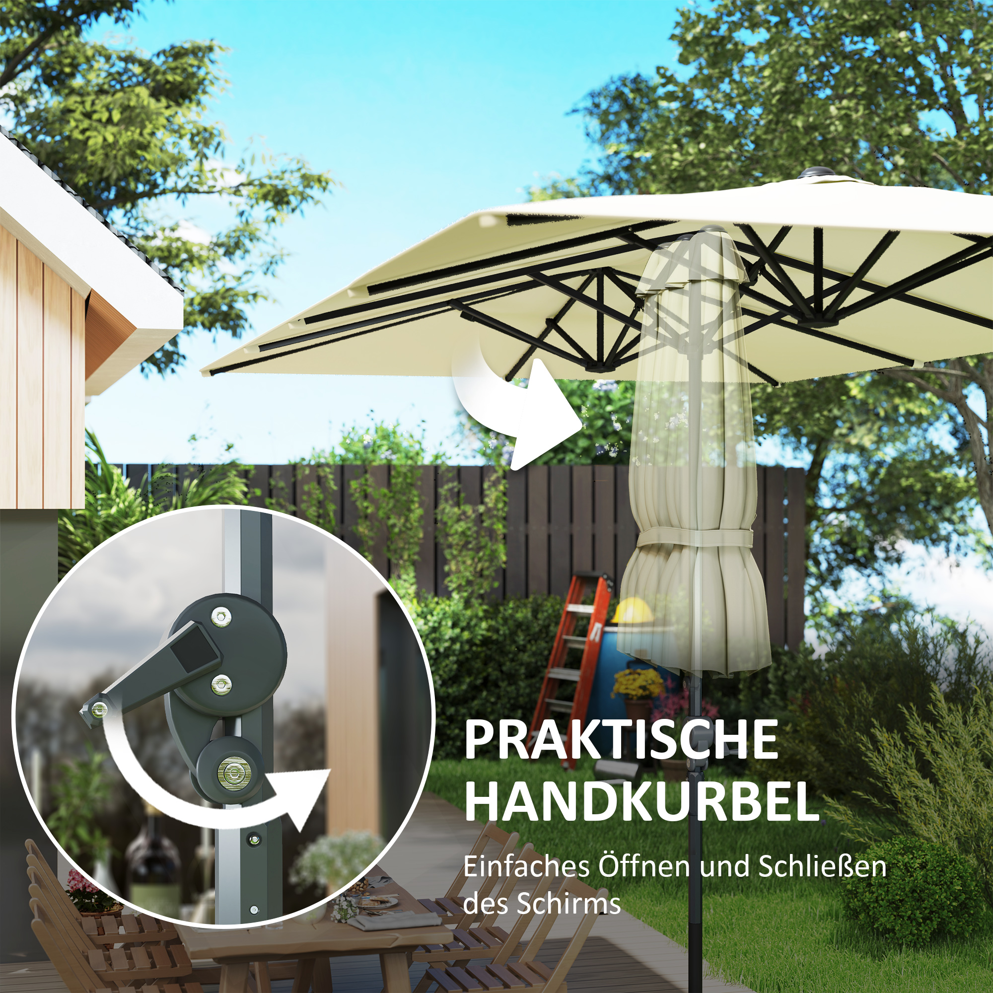 Doppelseitiger Schirm, 451 x 264 cm Sonnenschirm mit Kurbelsystem, 12 Metallstreben, Aluminiummast, Cremeweiß