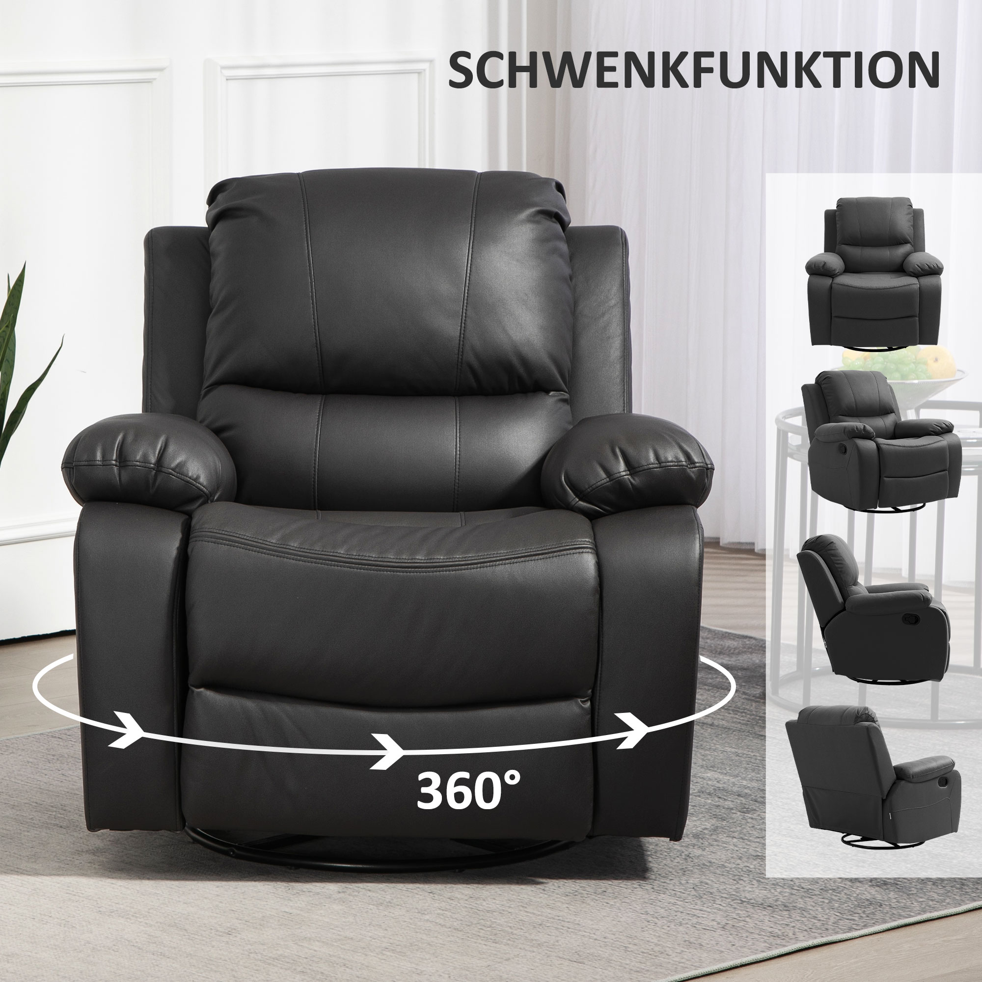 Relaxsessel, verstellbare Lehne & Fußstütze, drehbar, bis 150 kg, Stahlrahmen, 93x100x98cm, Schwarz