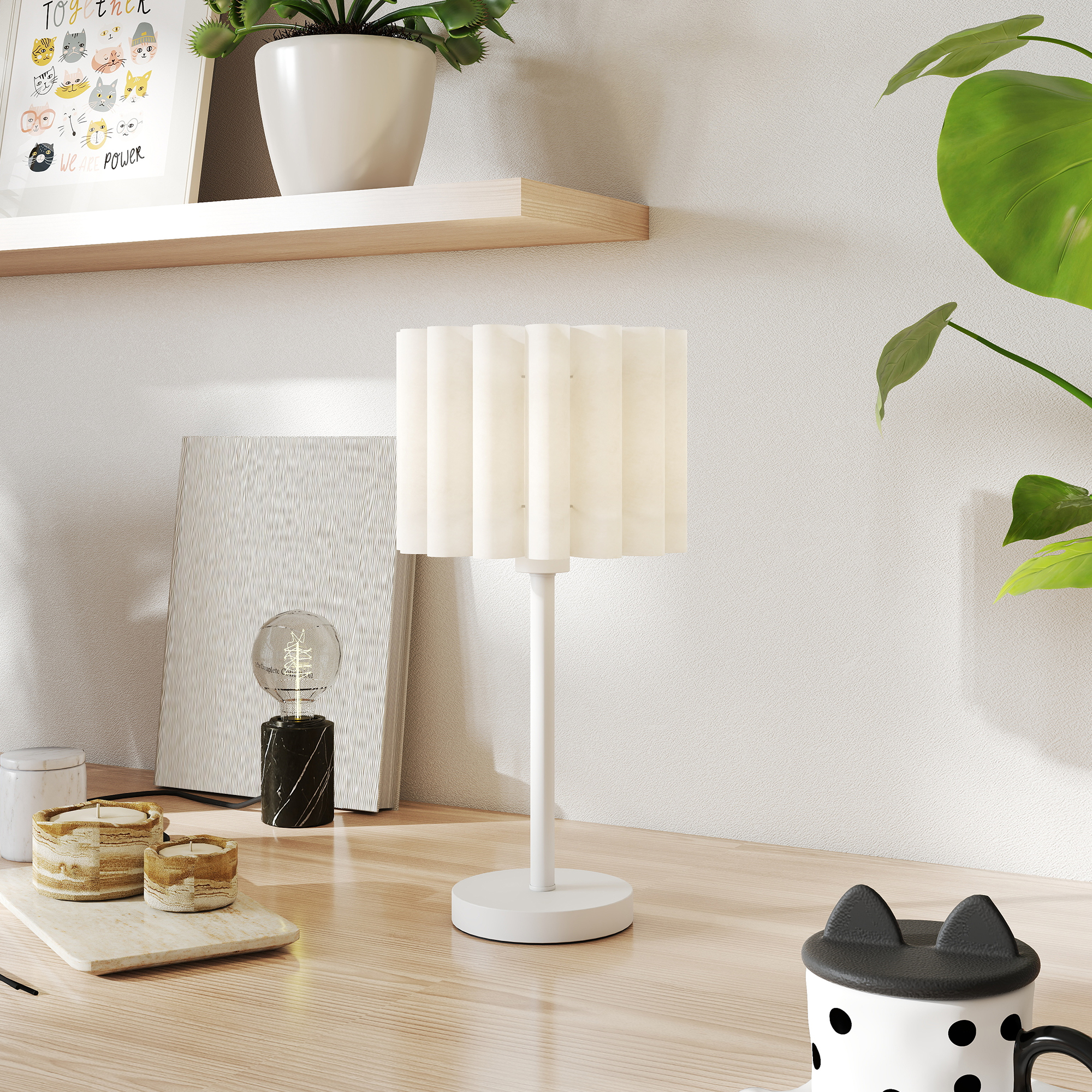 Tischlampe im Retro-Stil, Nachttischlampe, Kunststoff-Schirm, Knopfschalter, Weiß