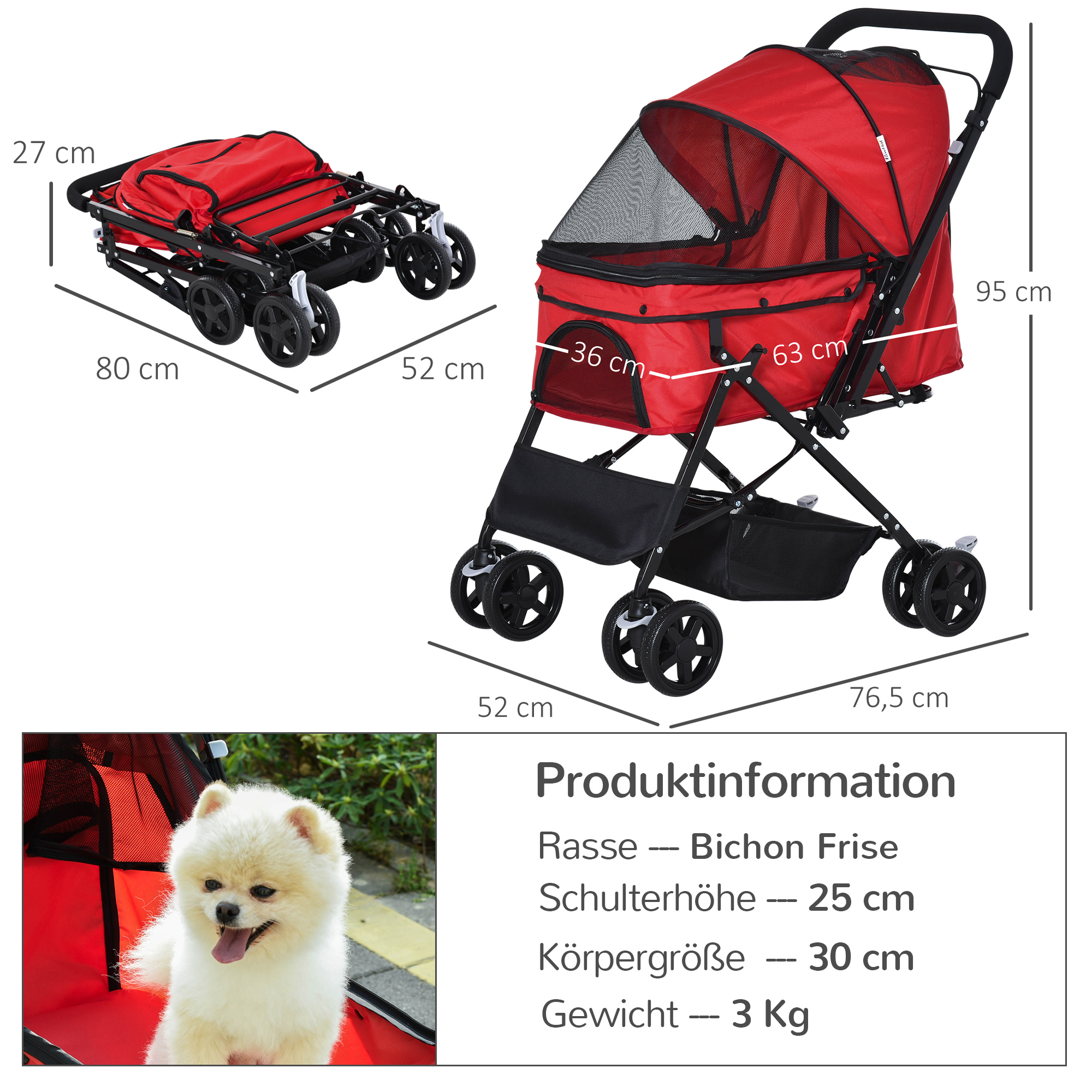 Hundebuggy Hundewagen bis 10kg klappbar verstellbares Vordach Oxford Rot 76,5 x 52 x 95 cm