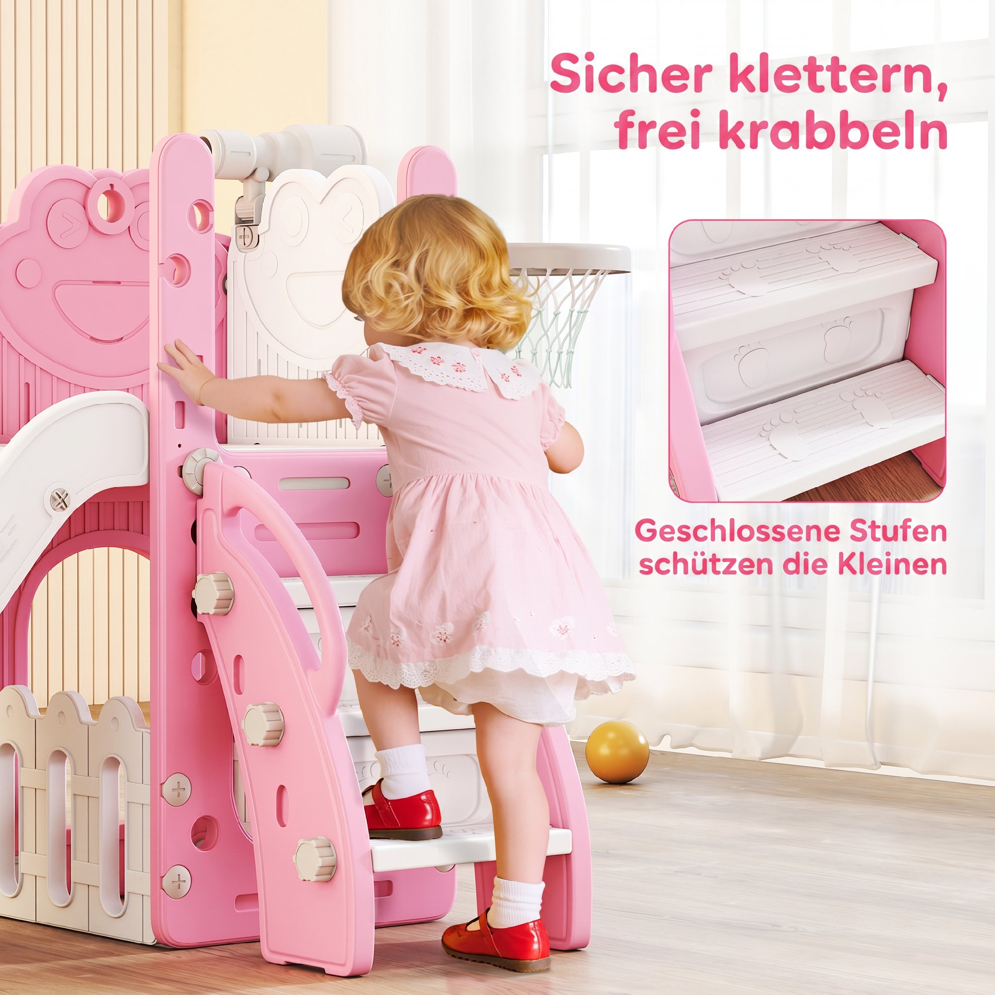 5-in-1 Kinderrutschenset, Teleskop, Basketballkorb, HDPE, Kunststoff, Rosa+Weiß
