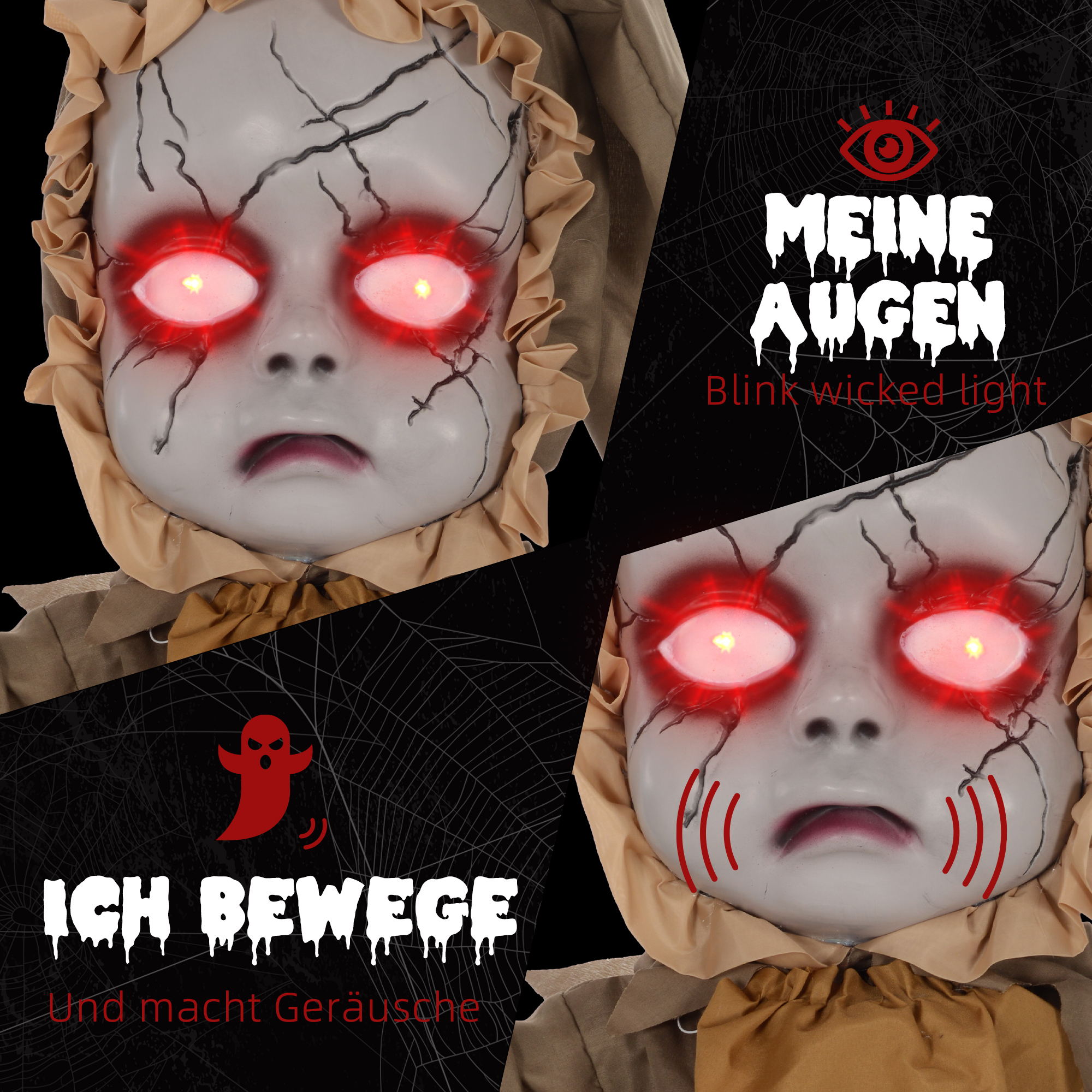 Grusel-Puppe Halloween-Dekoration, beweglicher Kopf, rote Augen, Batteriebetrieb