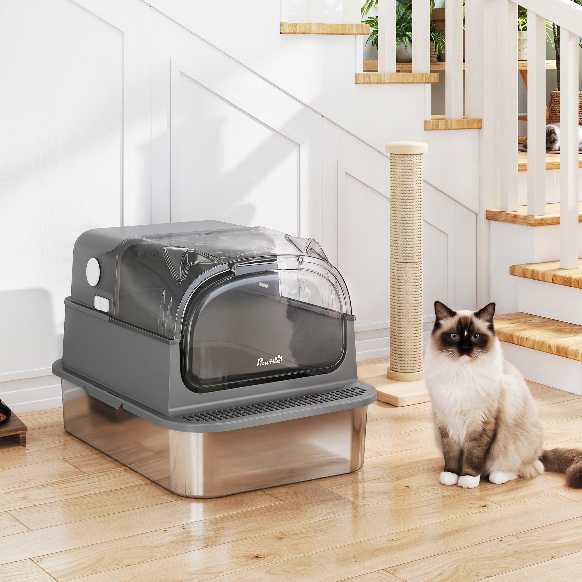 Katzenklo Edelstahl mit Abnehmbar Deckel XL 92L für große Katzen 3 in 1 mit Schaufel hoher Ränder