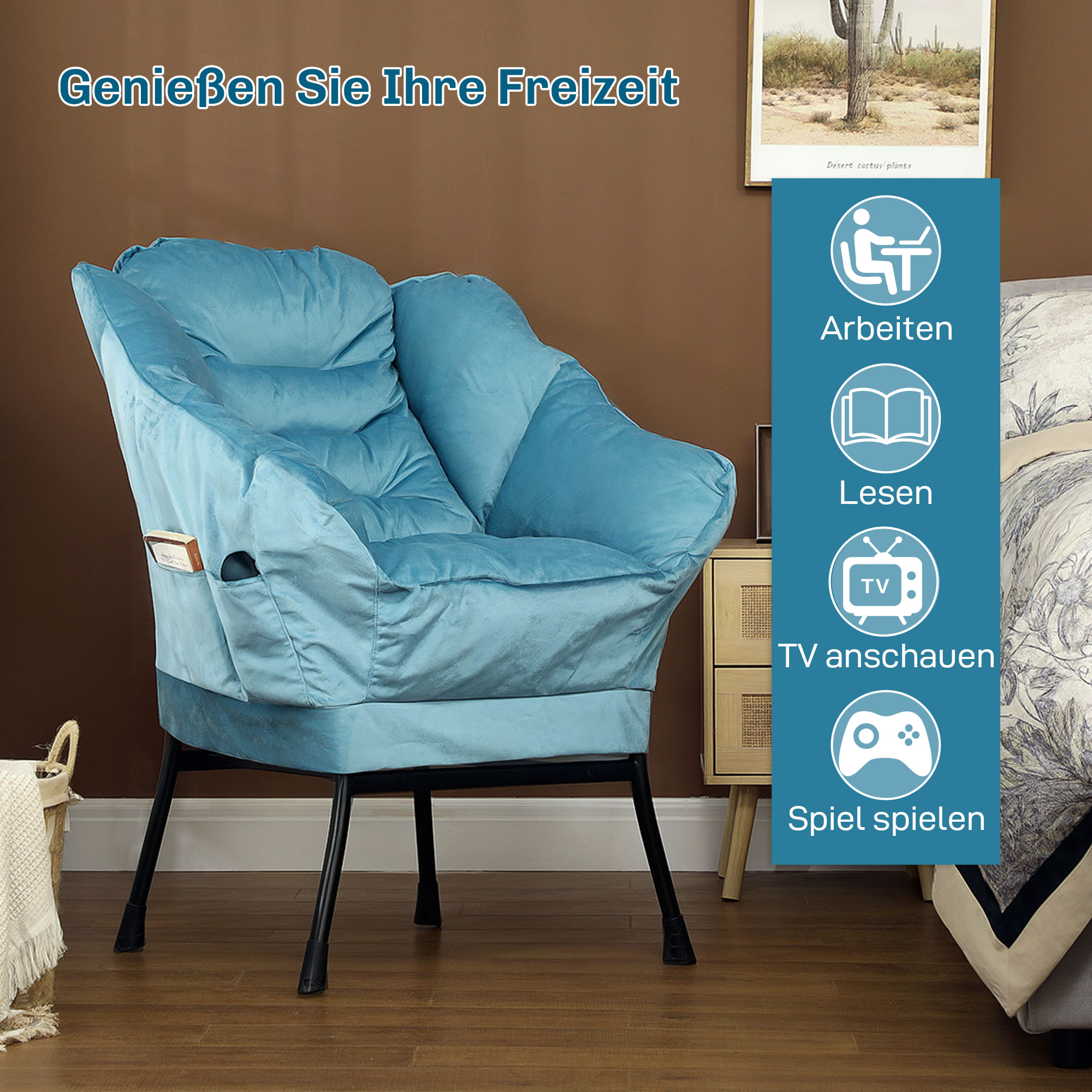 Moderner Akzentstuhl, Polsterstuhl mit Stahlbeinen und Seitentaschen, für Wohnzimmer, Schlafzimmer, Blau