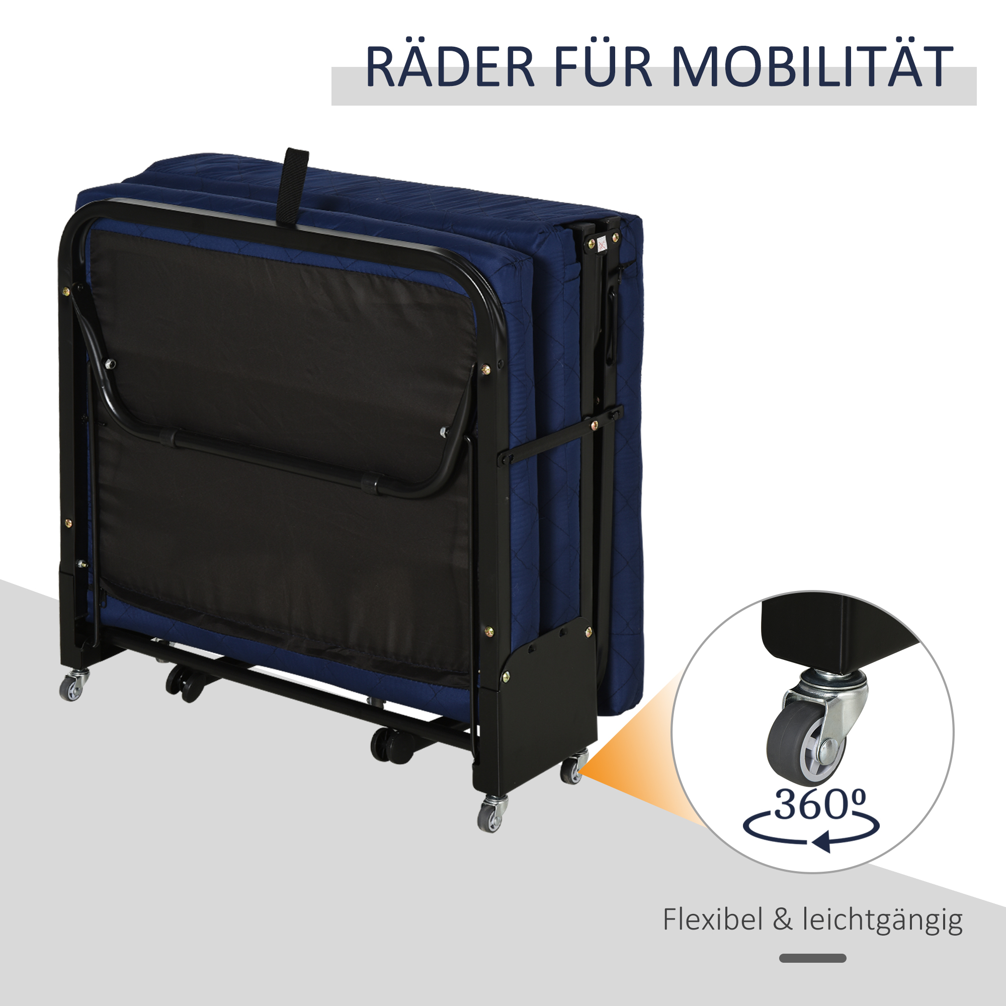 Klappbett 65x184 cm, Erwachsene Gästebett Klappbar mit 6 cm Dicker Schaumstoff, Reisebett mit Metallrahmen, Feldbett mit Rollen und höhenverstellbarem Kopfteil, bis 120 kg belastbar, Blau