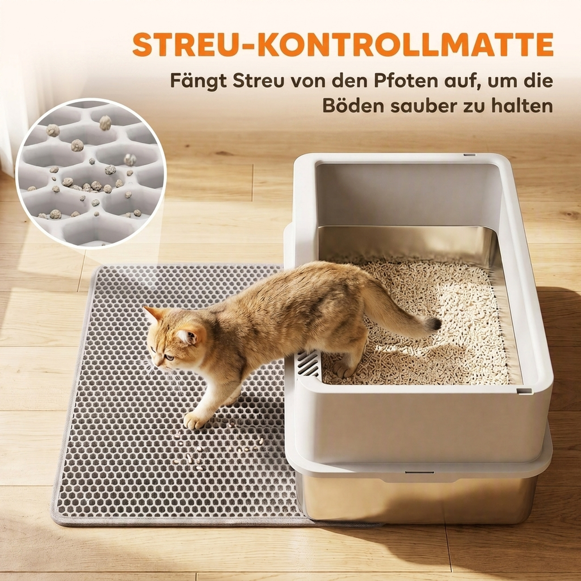 Katzentoilette XL Edelstahl mit Deckel, hohe Seitenwände, Schaufel Bürste Matte für Kätzchen bis 8 kg Hellgrau