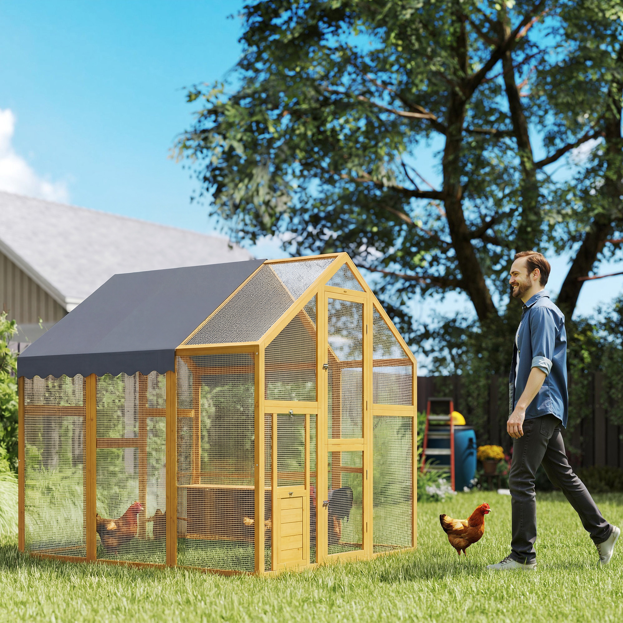 Hühnerstall 3,07㎡ Freilaufgehege Holz mit wasserdichtem Tuch, Sicherheitsschloss, für 6-8 Hühner 1,7 x 1,8 x 1,8 m