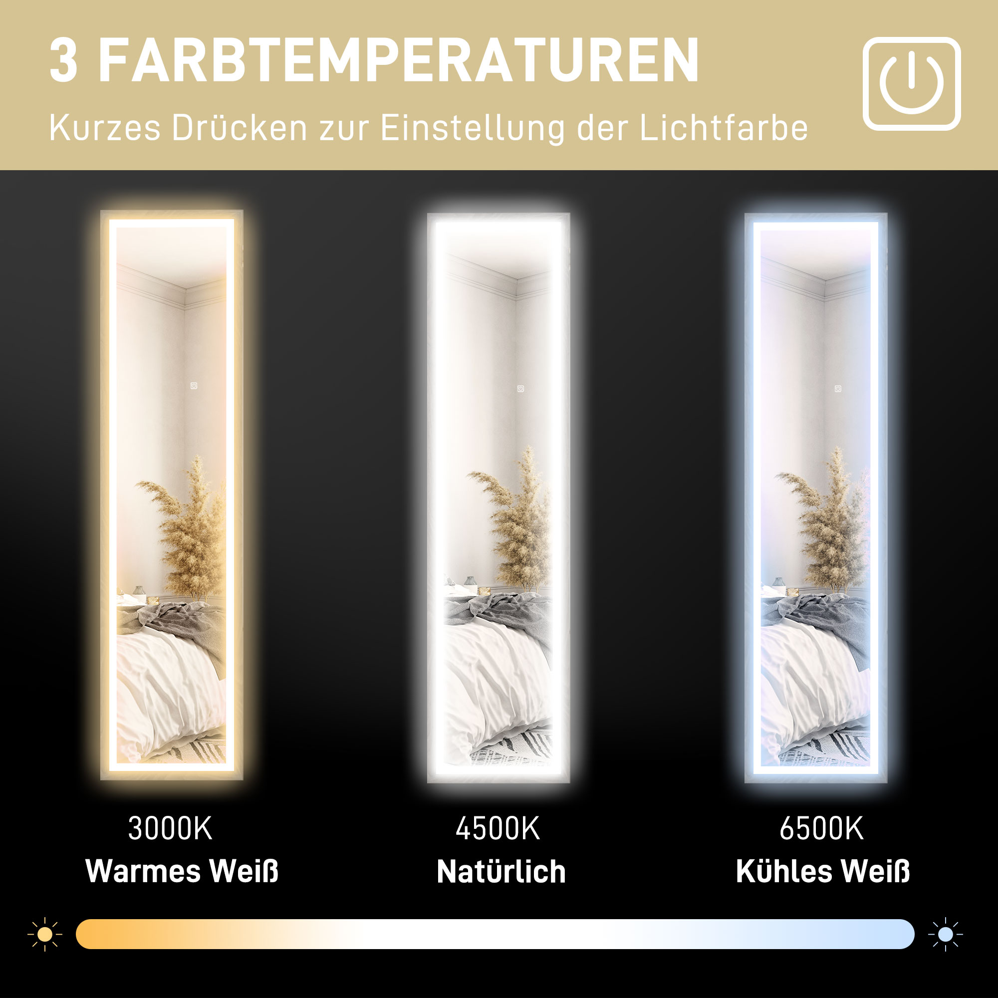 LED Ganzkörperspiegel, 40 x 160 cm, Touch-Steuerung, dimmbar, 3 Farben,  Grau