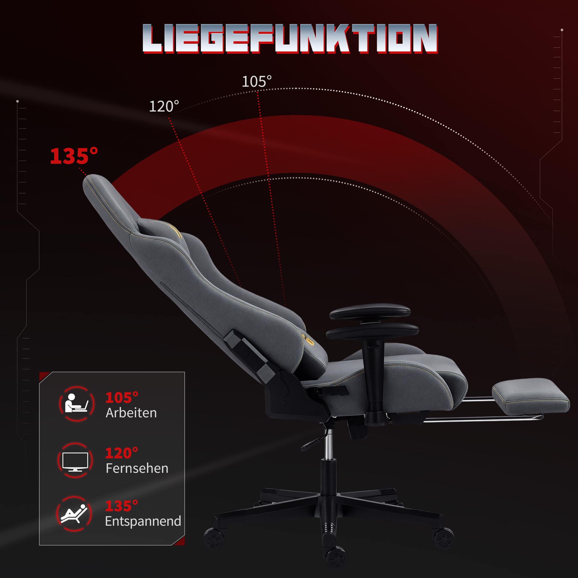 Ergonomischer Gaming-Stuhl mit 3D-Armlehnen, verstellbar, rollbarer Schreibtischstuhl mit Lendenstütze, Grau