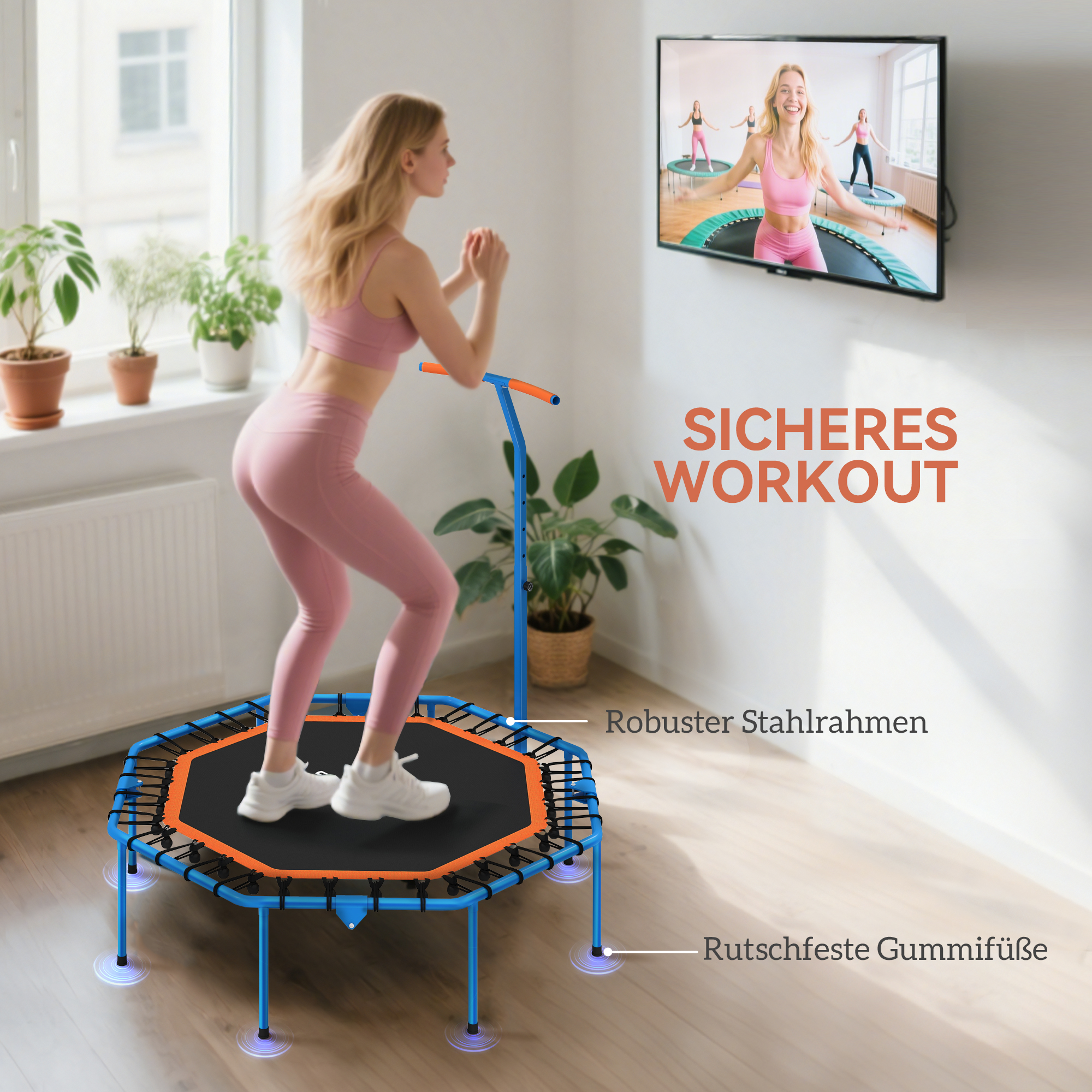 Fitness-Trampolin, Trainingstrampolin mit verstellbarem Haltegriff, stabil und leise, für drinnenf, Stahl, Blau