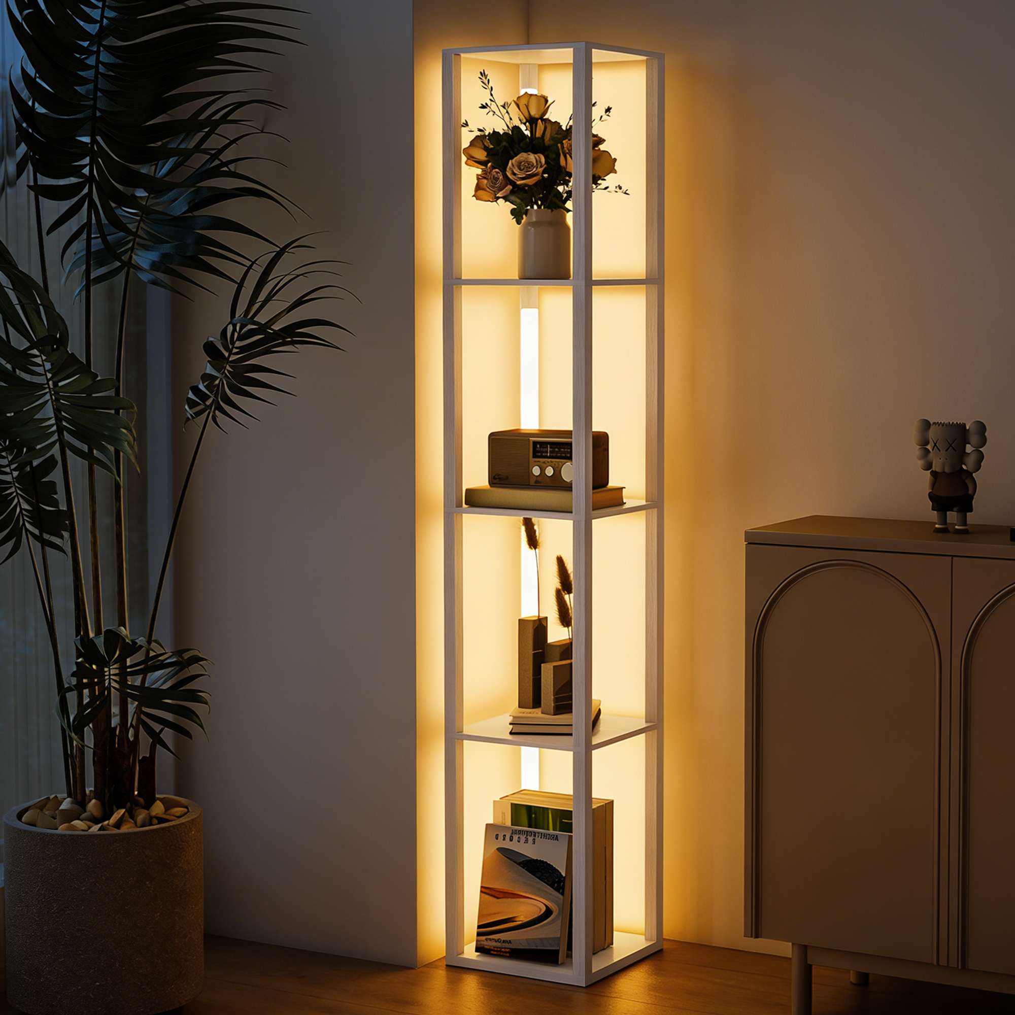 LED-Stehlampe mit Regalen, moderne dimmbare Standleuchte mit 3 Helligkeitsstufen und Fußschalter, Weiß