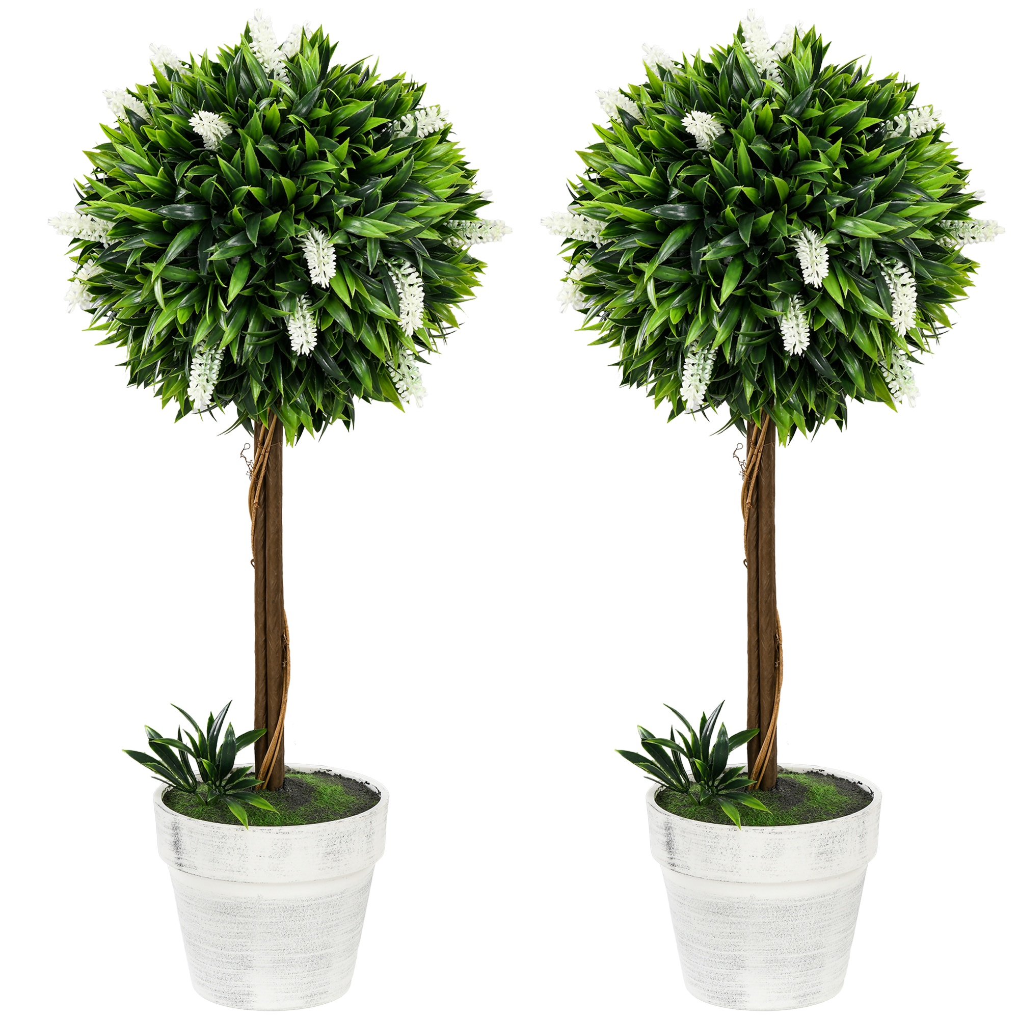 2er-Set Lavendel Kunstbaum, 60 cm hoch, inkl. Topf und Kunstmoos, Weiß