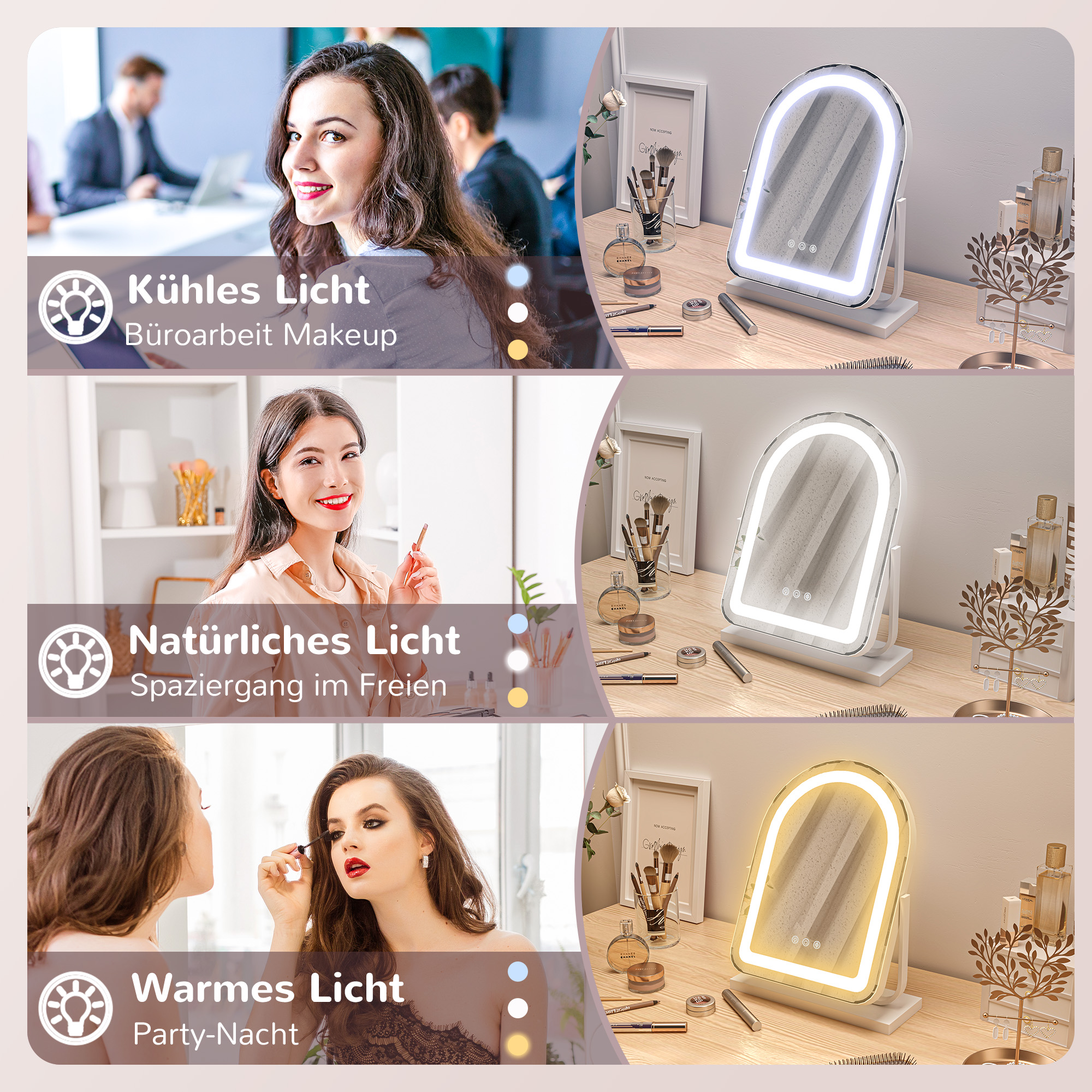 Kosmetikspiegel mit LED-Beleuchtung, 3 Lichttemperaturen, drehbar, Touch-Steuerung, Weiß
