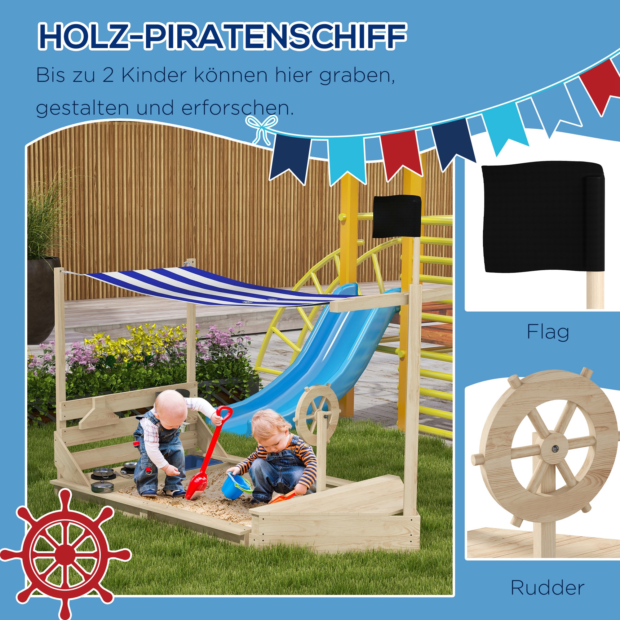 Sandkasten mit Sonnendach Piratenschiff, inkl. Kinderküchenspielset, Massivholz, 180 x 103 x 144,5 cm, Natur + Blau