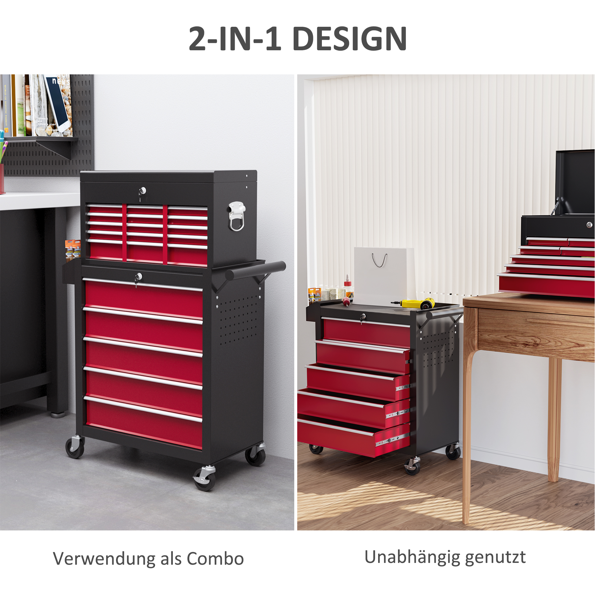 Werkzeugwagen, zweiteilig, abschließbar, 14 Schubladen, Lochwand, Stahl, Rot