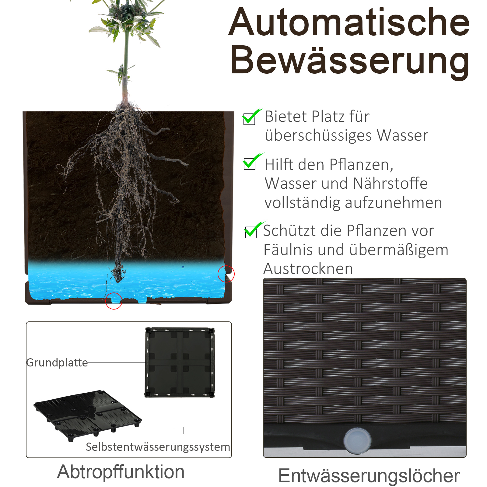 Hochbeet 6-teiliger Pflanzkasten mit Abflusslöchern Rattan-Look Blumenkasten DIY Braun 40 x 40 x 44 cm