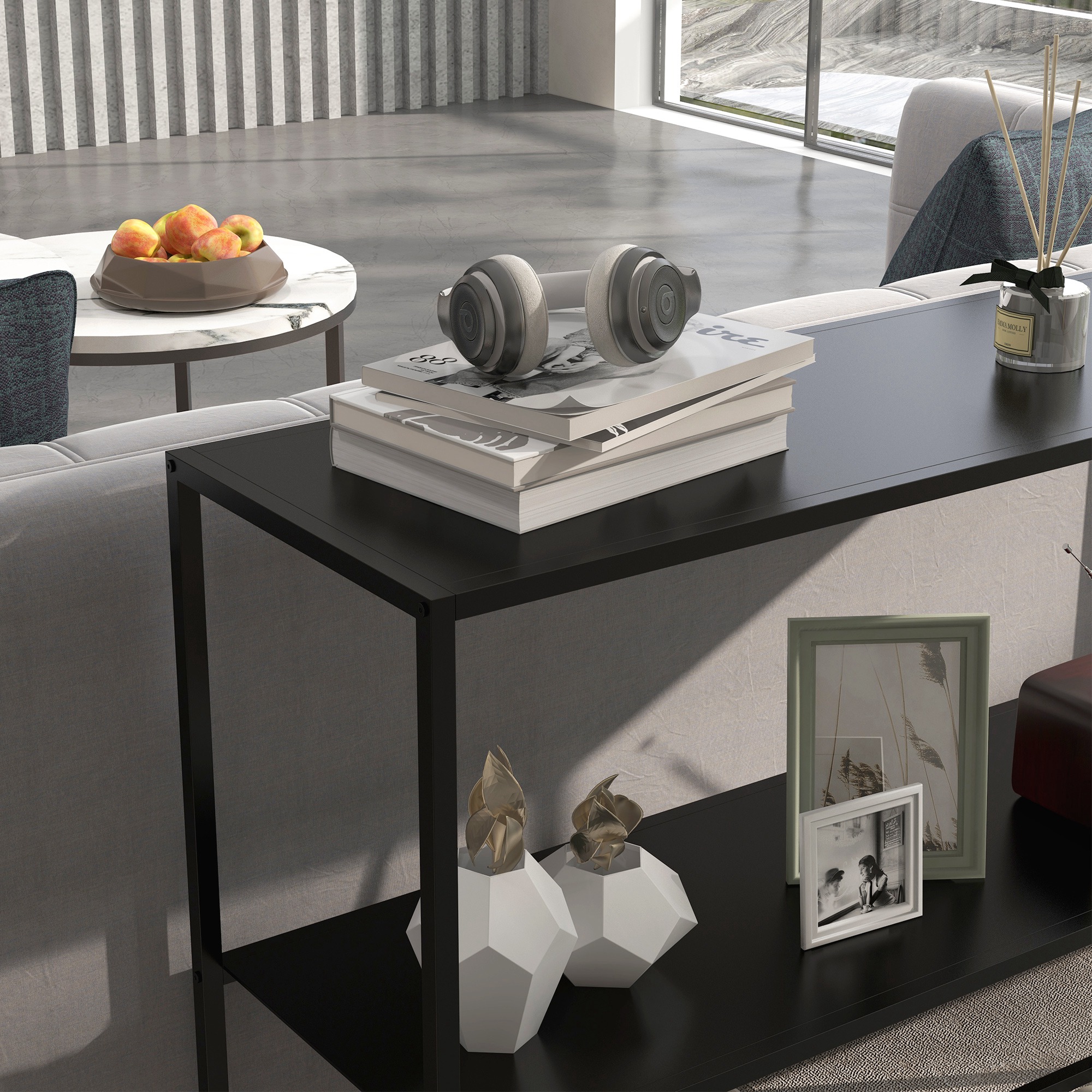 Konsolentisch, Sideboard, 2 Etagen, pulverbeschichteter Stahl, 90 x 30 x 75cm, schwarz