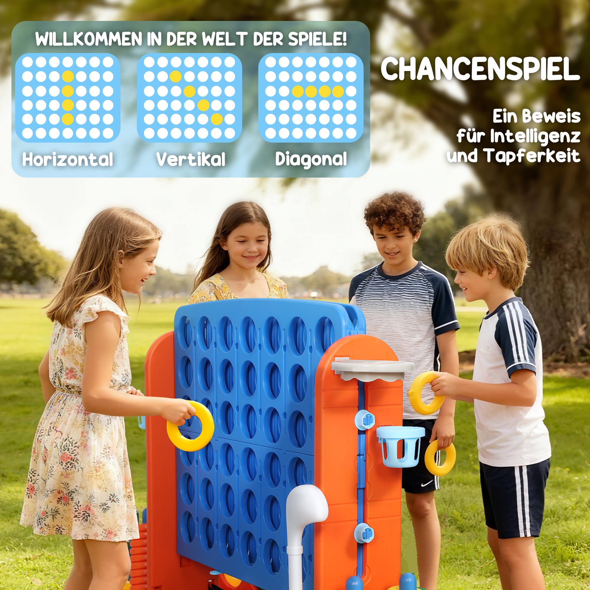 4-in-1 Spiele-Set, Vier Gewinnt, höhenverstellbar, Netz-Tasche, Kunststoff, Bunt