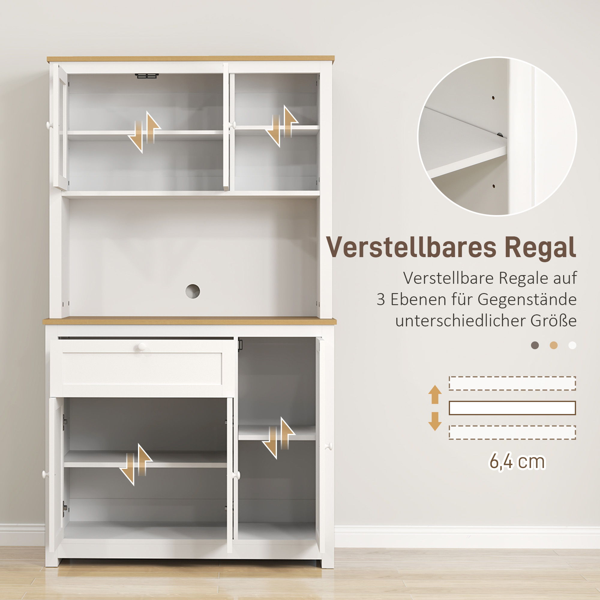 Küchenschrank im Landhausstil, 1 Vitrine, 1 offenes Regal, 1 Schublade, 2 Schränke, Natur + Weiß