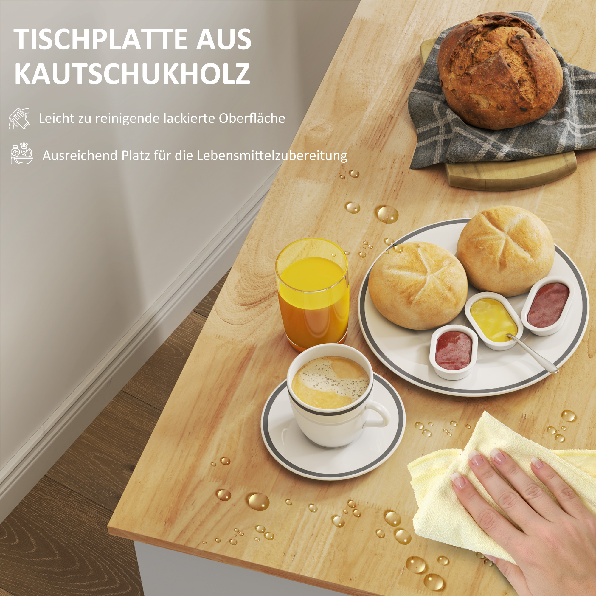 Küchenwagen, Rollbare Kücheninsel, Küchen-Trolley mit Fächern, Schrank und Arbeitsfläche, Weiß