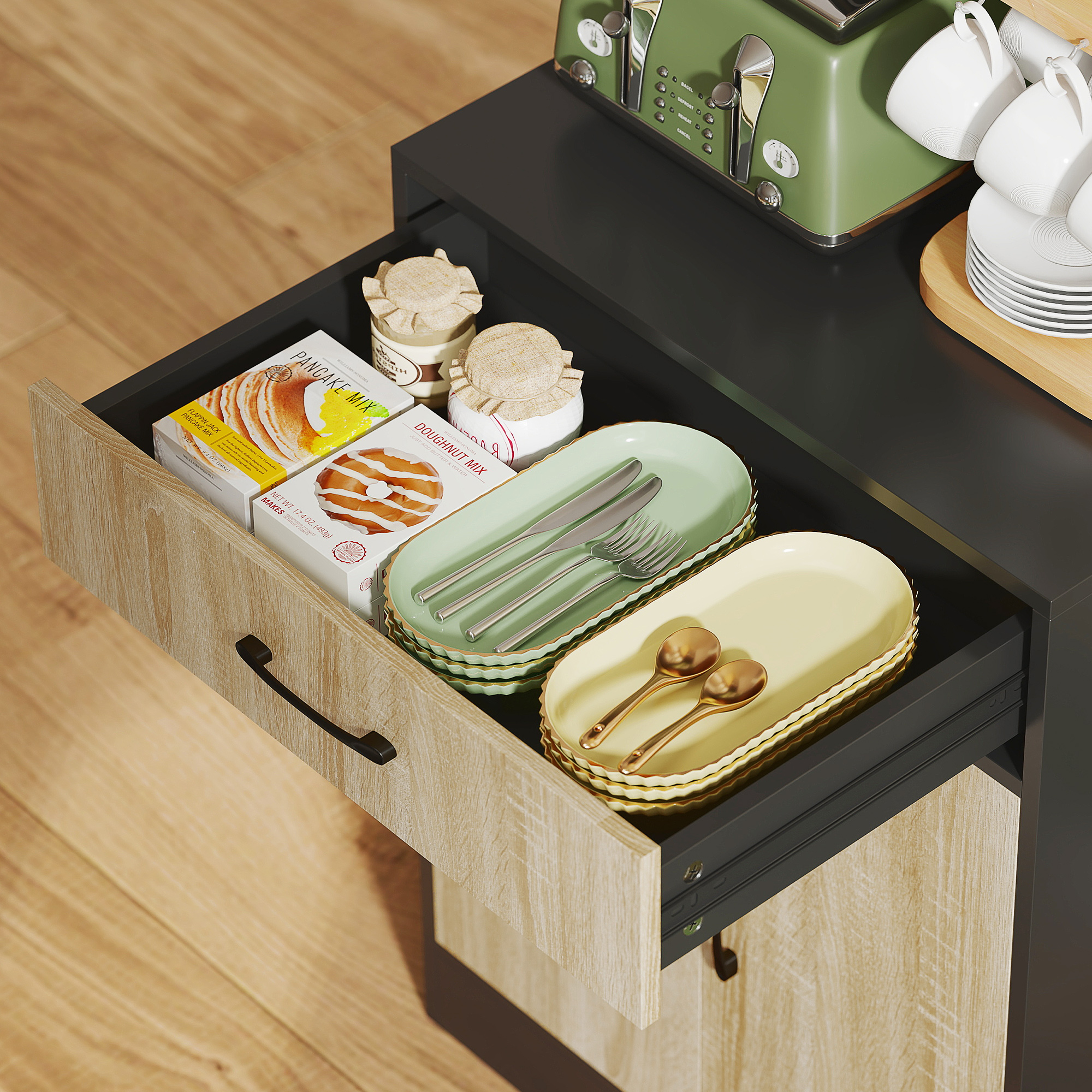 Küchenschrank mit Arbeitsfläche und Kabelloch, moderne Küchenkommode mit Schublade, 3 offene Regale, Naturholz, Schwarz