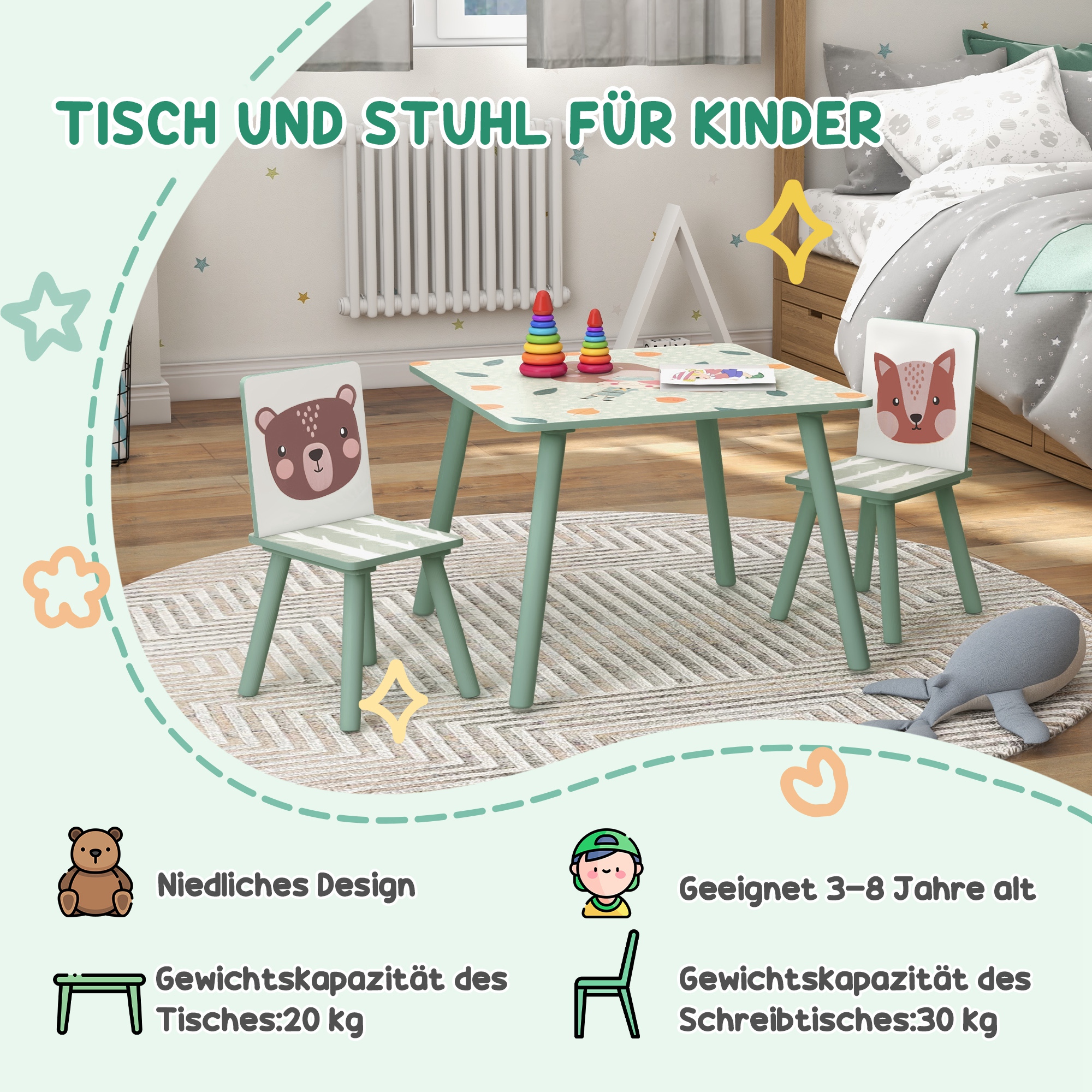 Sitzgruppe für Kinder 3-8 Jahre, 1 Tisch & 2 Stühle, niedliches Tiermotiv, Grün