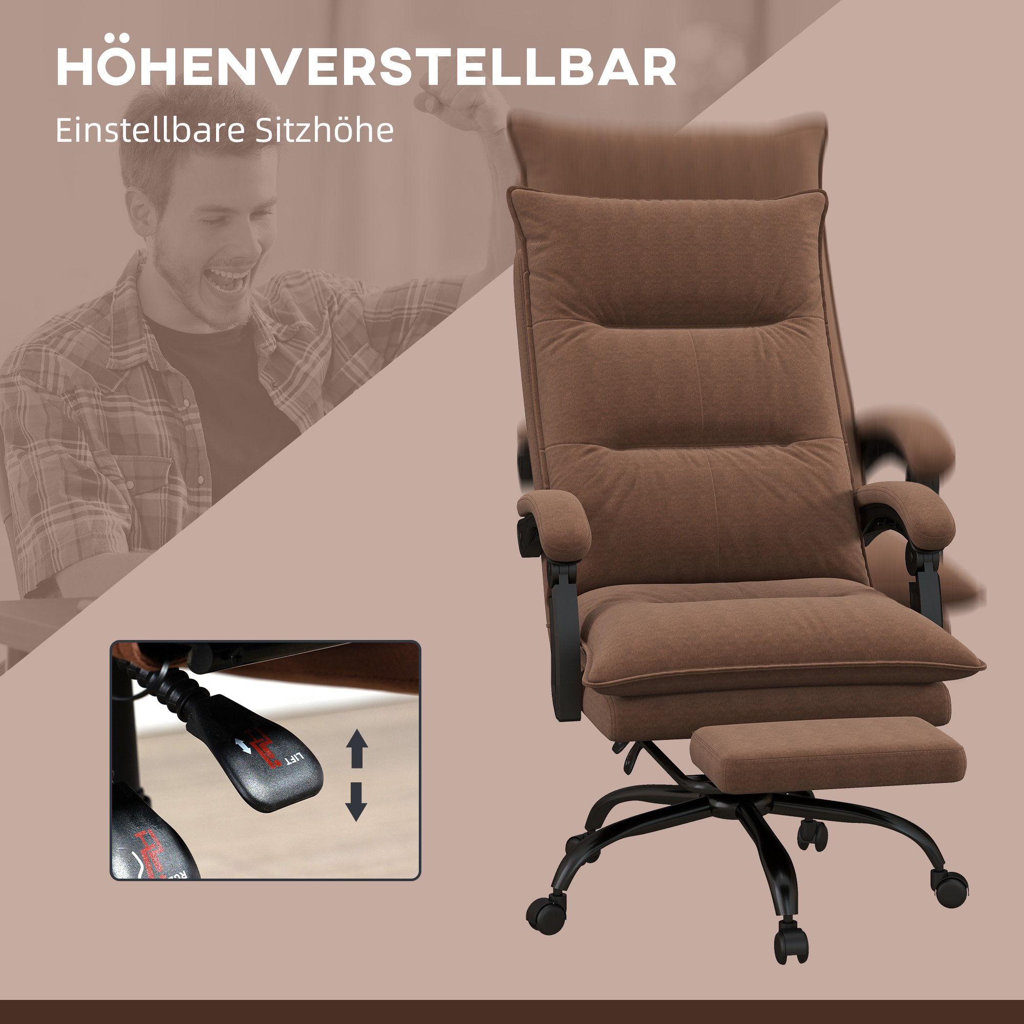 Bürostuhl mit Massage- und Heizfunktion, Fußstütze, verstellbar, bis 120 kg, Braun