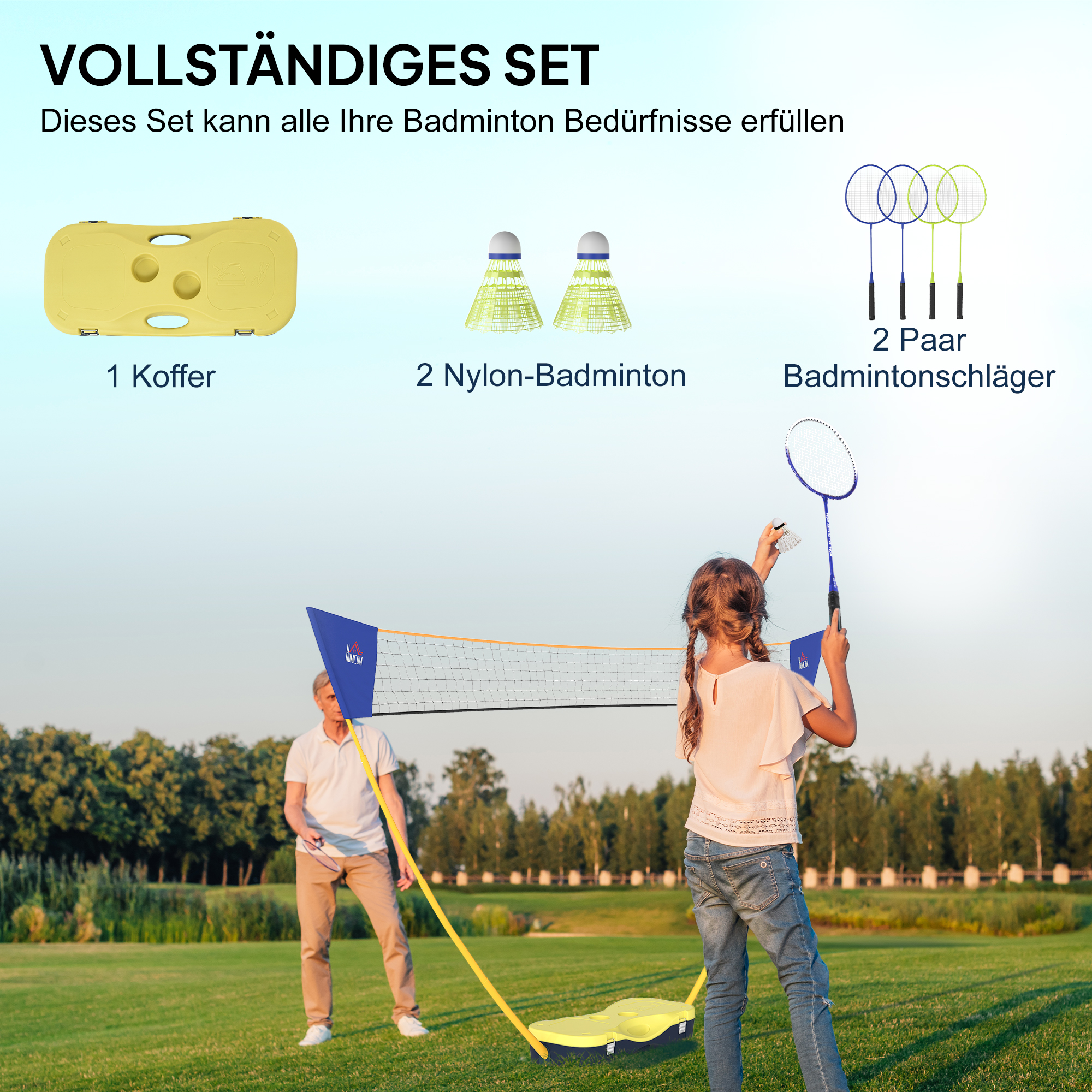 Badminton Netz tragbarer Netzständer Badminton Set 4 Schläger Outdoor Sport 286 x 33 x 157 cm Gelb+Blau