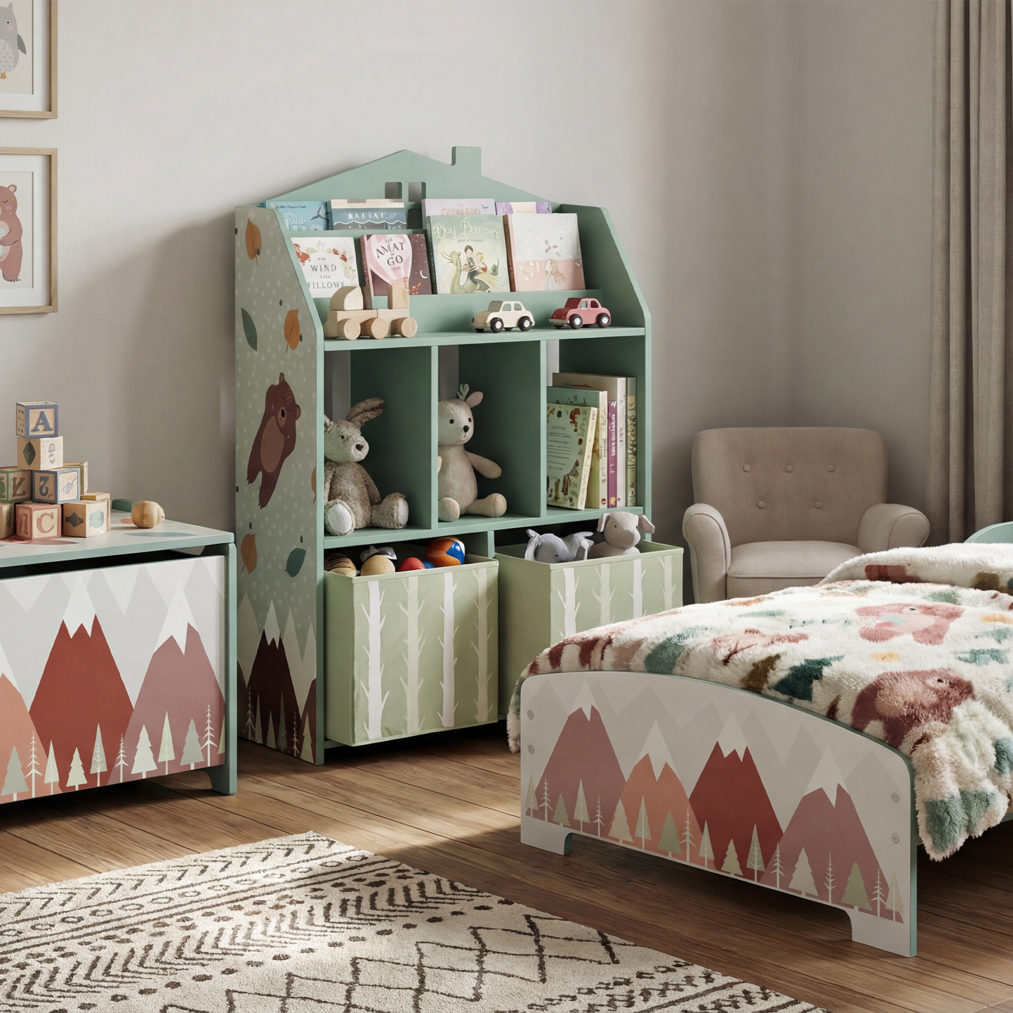 Kinderregal Bücherregal Kinder mit 2 Stoffschubladen offen Regal für 3-8 Jahre 62,5x30x91,5 cm Grün