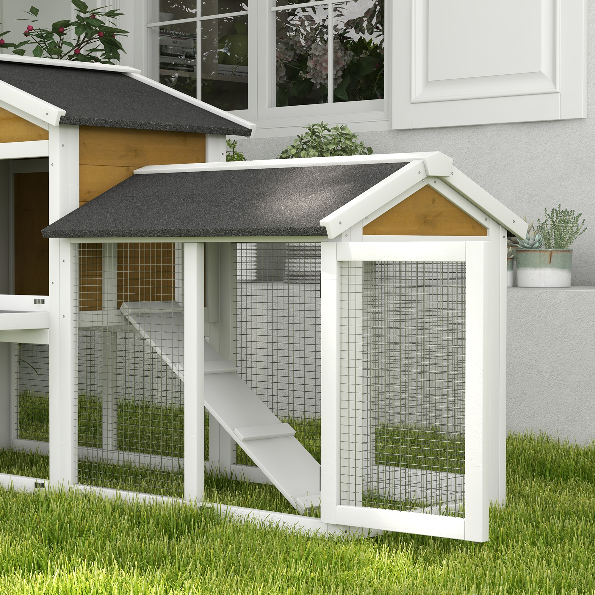 Hasenstall 2 Etagen Kaninchenstall Holz Kaninchenkäfig mit Bitumendach Freilaufgehege Rampe Türen 147x54x84 cm Gelb