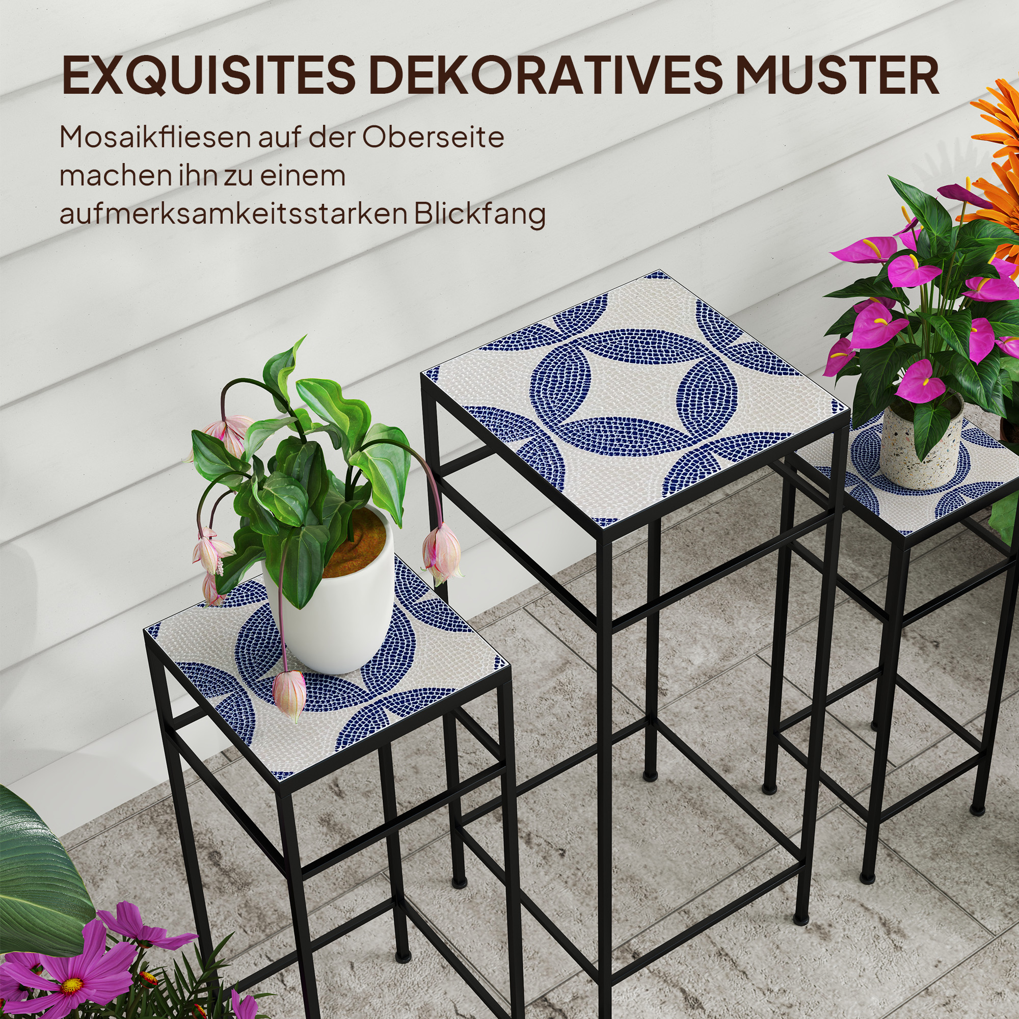 3er-Set Pflanzenständer, 3 verschieden große Gestelle zum Präsentieren von Blumen und anderen Gegenständen, Blau+Weiß