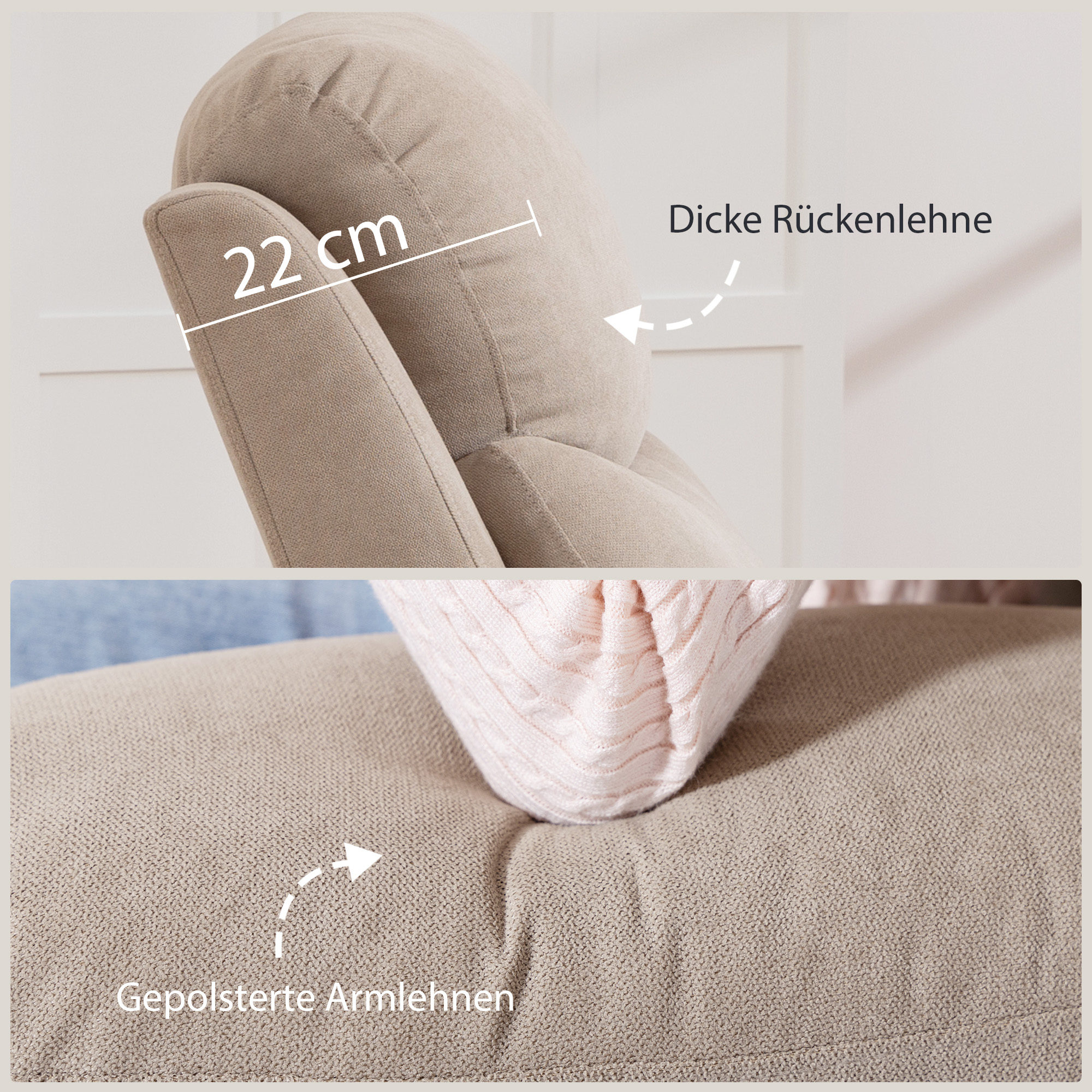 manueller Relaxsessel, Moderner Sessel im Leinenstoff-Look mit dicker Polsterung, Gepolsterte Armlehnen und Fußstütze, Beige