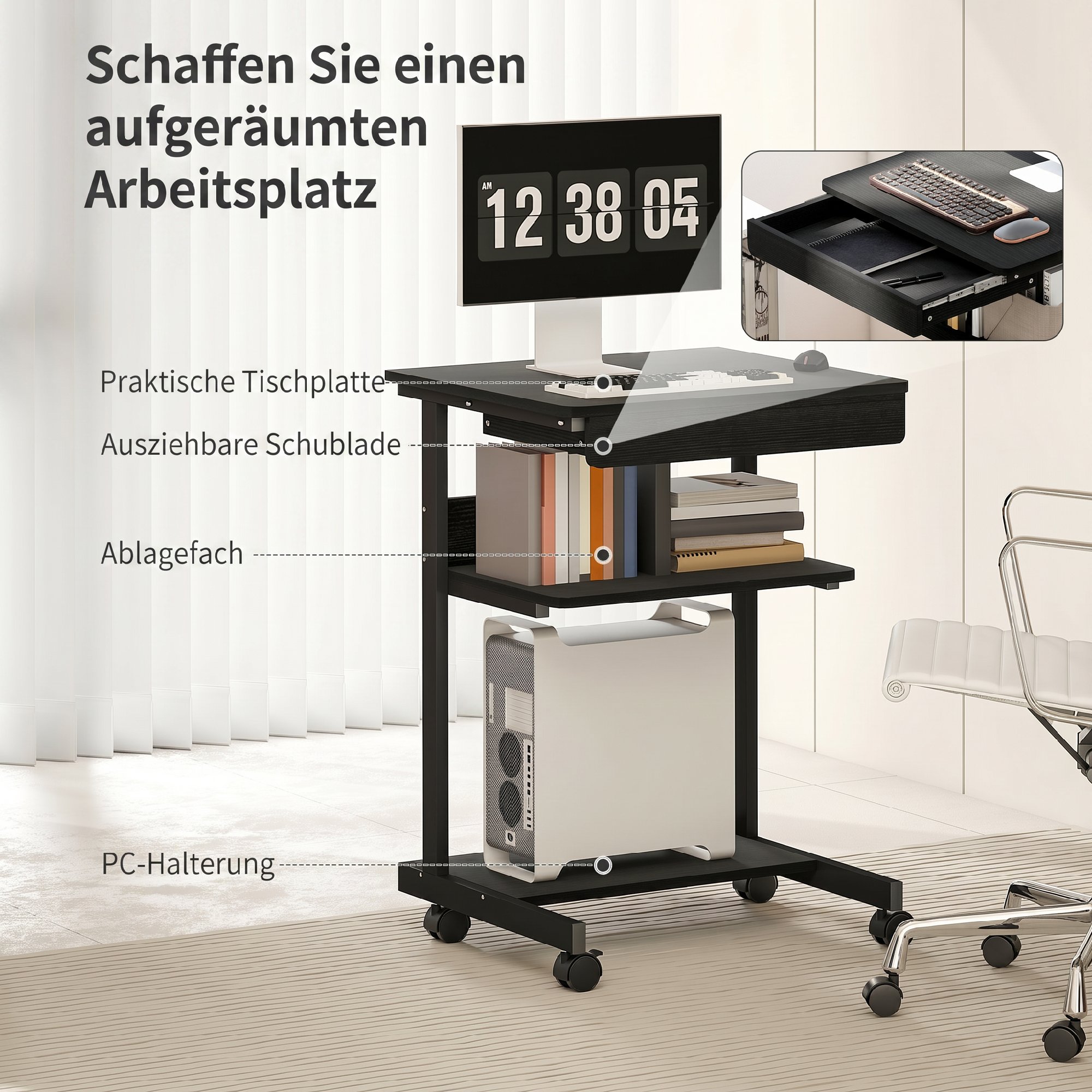 Roll-Schreibtisch mit Schublade und Regalen, 4 Räder, kompakt, Spanplatte, Metall