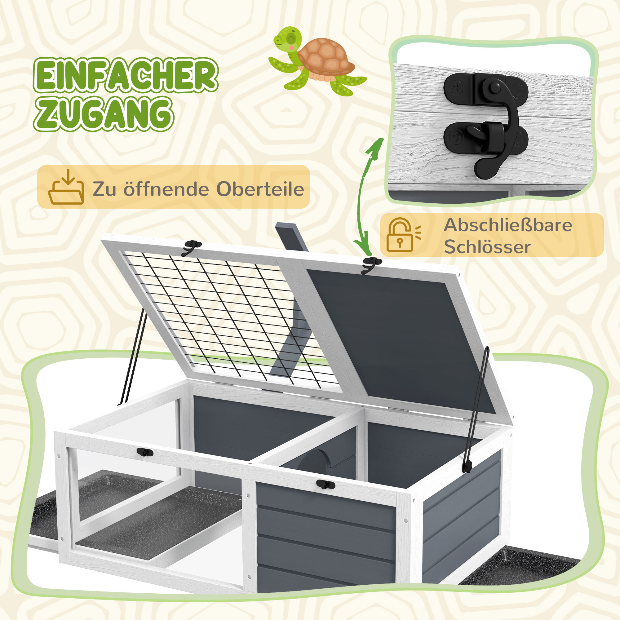 Schildkrötenhaus, Reptilienbox mit 2 Räumen, Deckel, Kunststoffschalen, Fenster, Holz, Grau