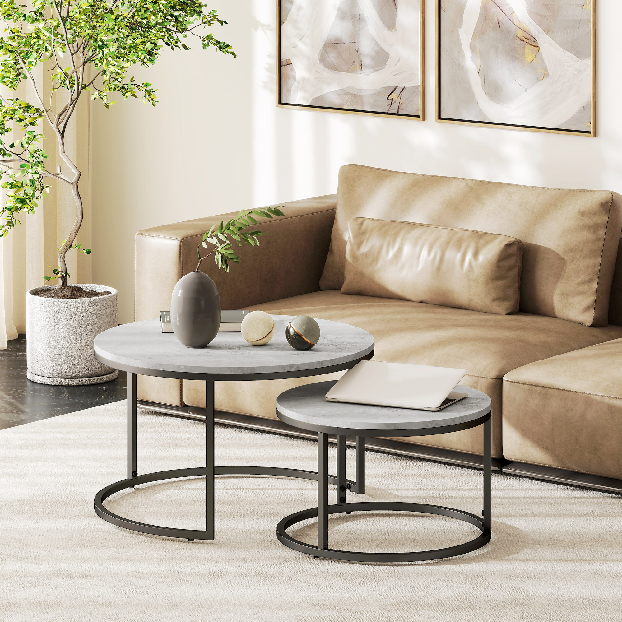 Couchtisch-Set, 2 runde Satztische, Industriedesign, Metallgestell, Betonoptik/Schwarz