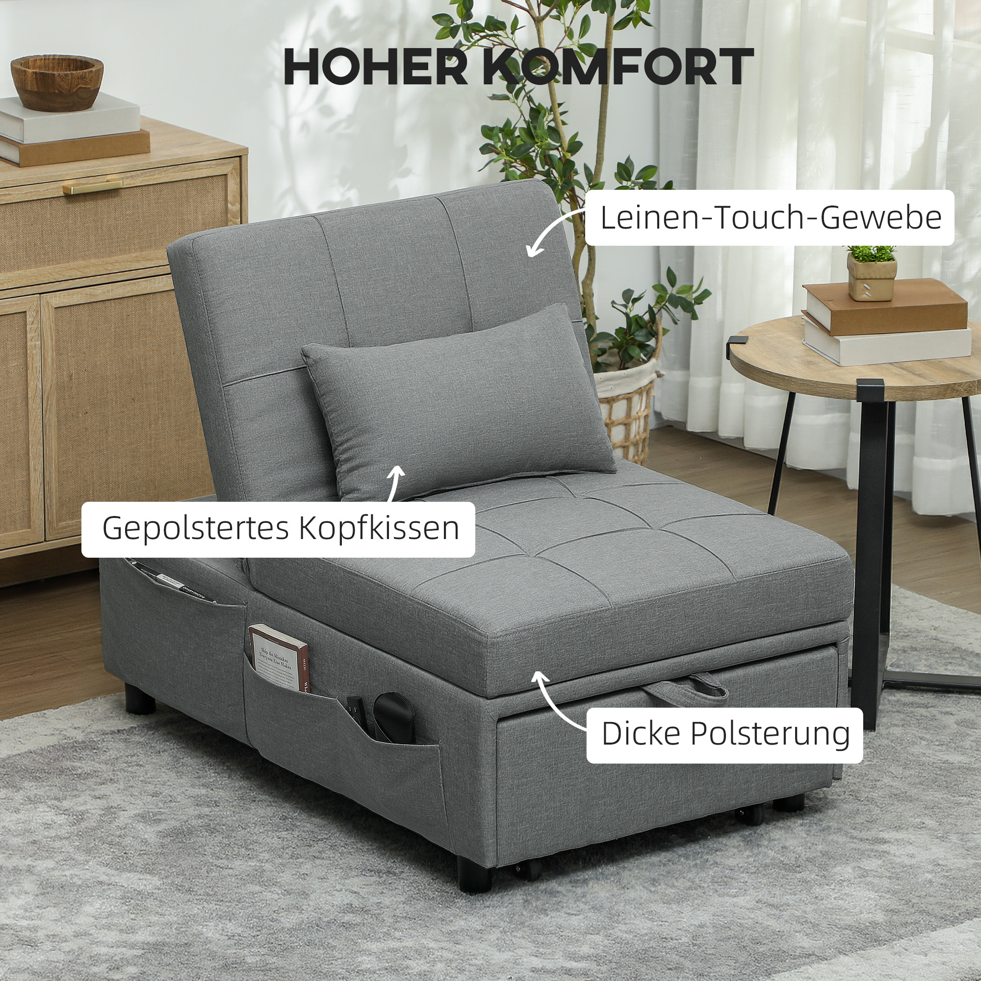 3-in-1 Klappsessel mit Seitentasche, Gästebett mit Kissen, Verstellbarer Rückenlehne, Bettsessel mit Rollen, Hellgrau