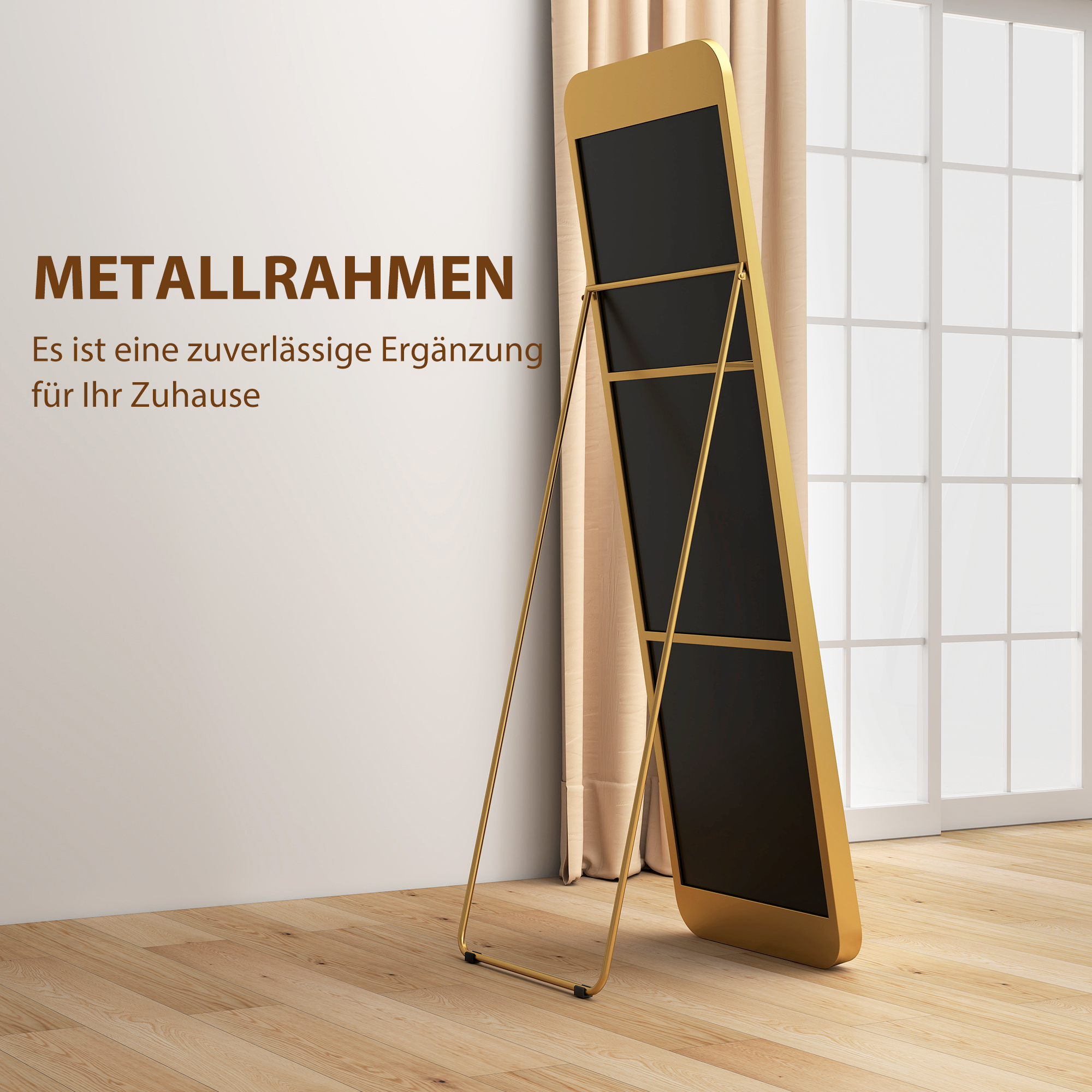 Ganzkörperspiegel, freistehend, neigbar, Metallrahmen, MDF, 160 x 50 cm, Goldfarben