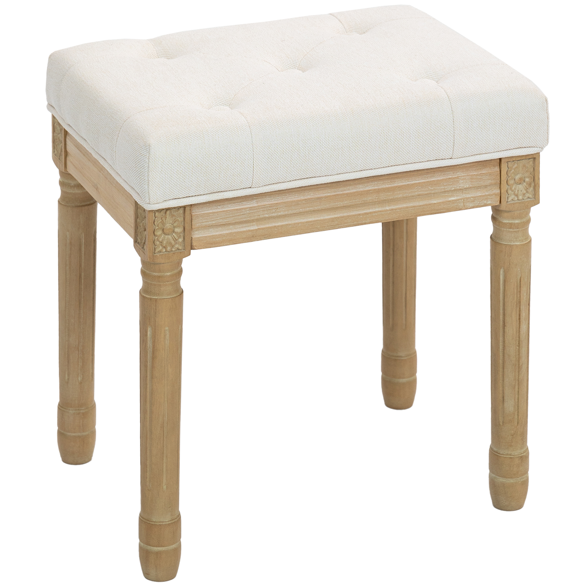 Leinen Sitzhocker, Polsterbank, Fußbank mit gepolstertem Sitz, Holzbeine, 42 x 32 x 46,5 cm, Beige
