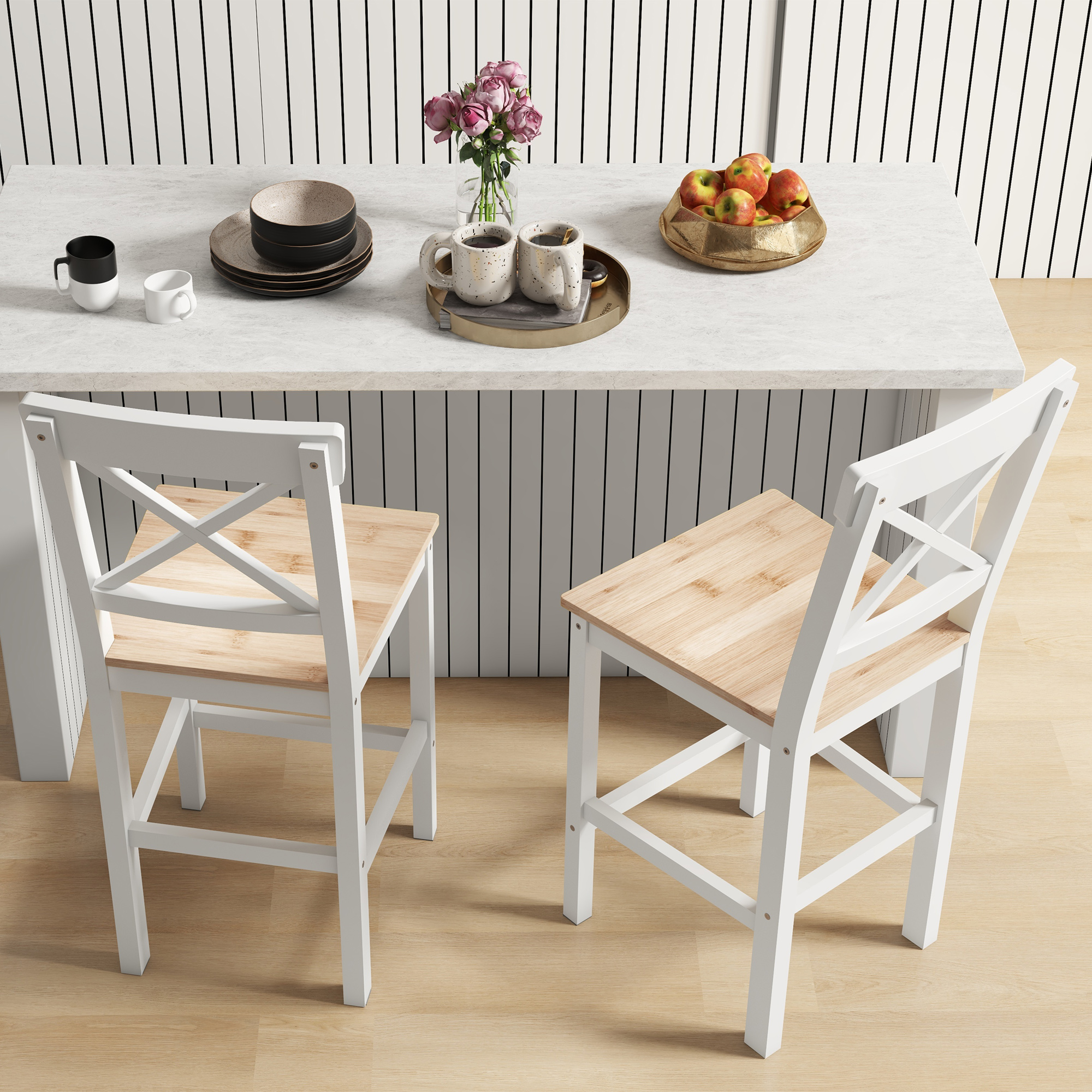 Barhocker 2er Set Barstuhl aus Kiefernholz mit Fußstütze, Lehne, Landhaus-Stil für Küche, Wohnzimmer, Natur