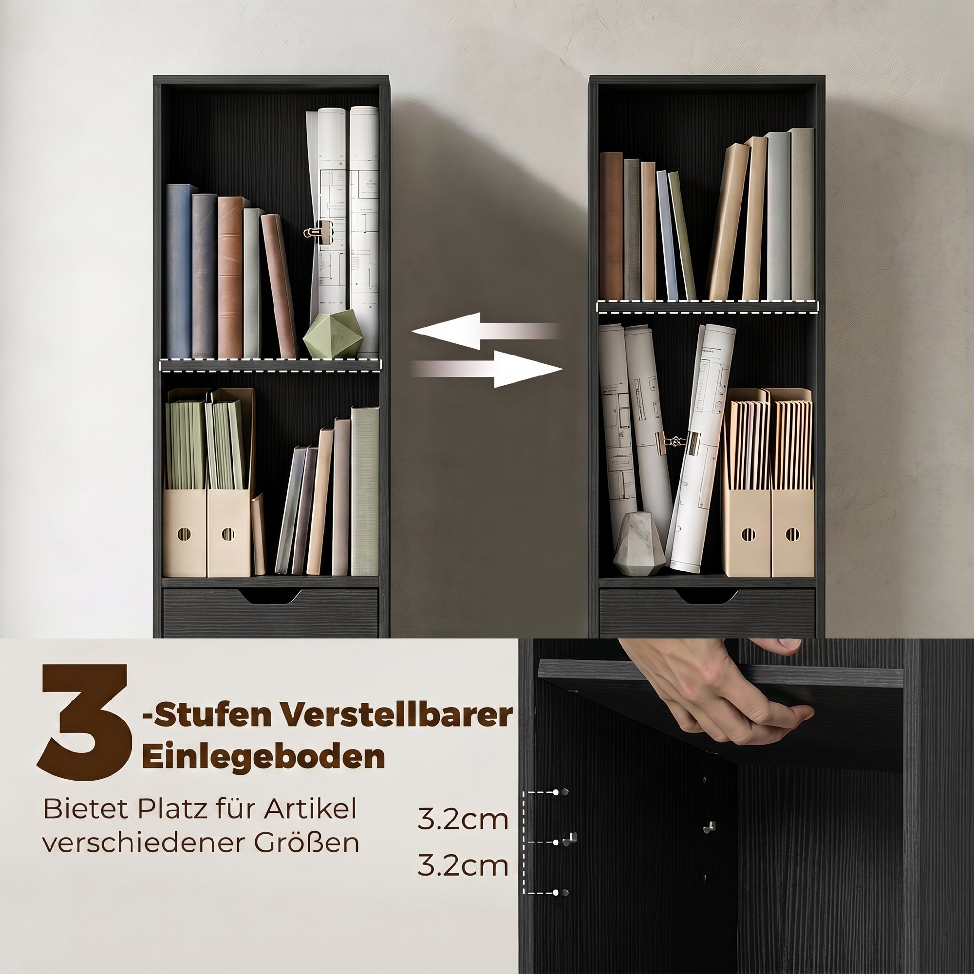 6-fach Bücherregal mit Schublade und verstellbarem Fach, freistehender Aufbewahrungsschrank, 30 x 24 x 158 cm, Schwarz
