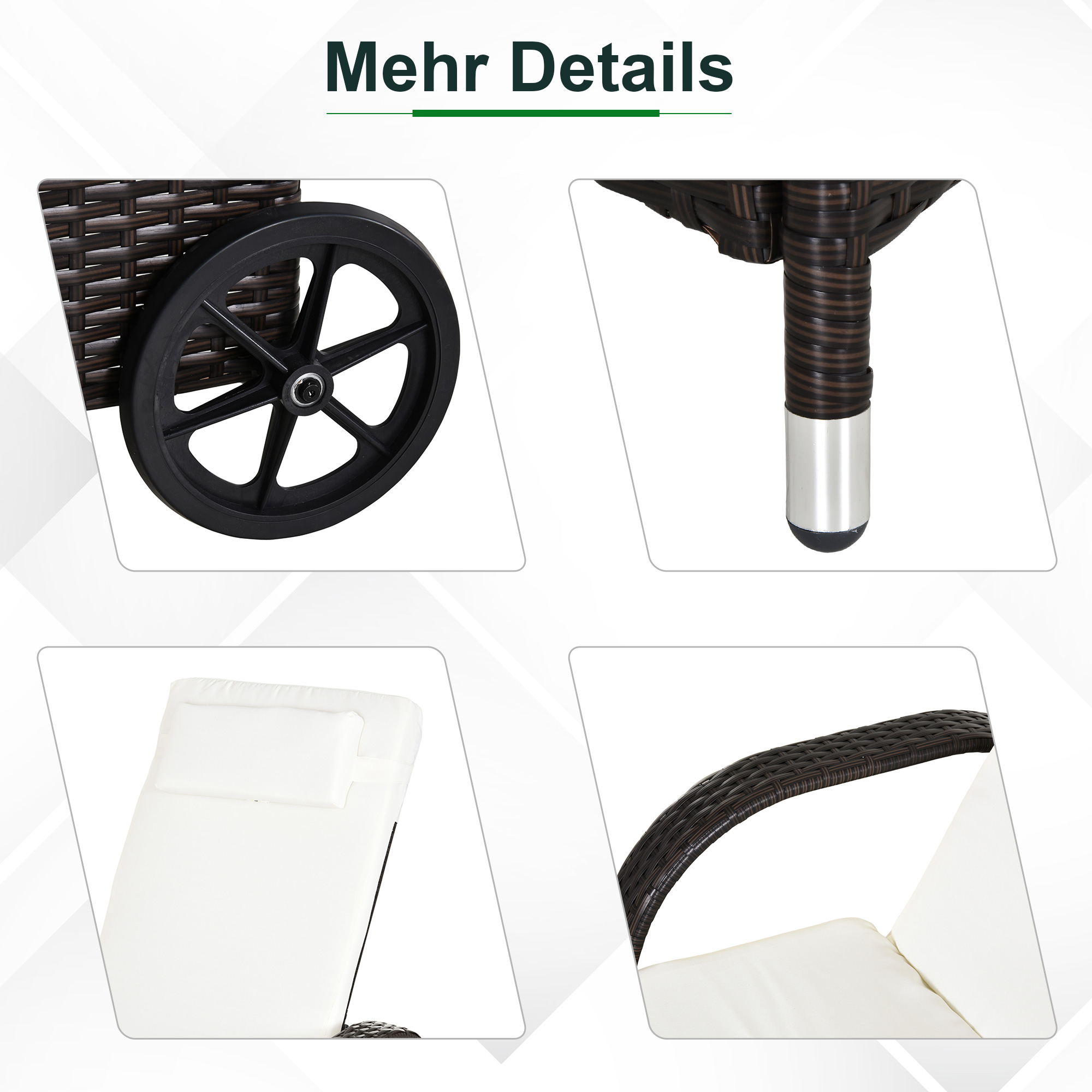 3er-Sonnenliegen-Set, 2x Gartenliege mit Beistelltisch, inkl. Liegeauflagen, Polyrattan, Braun+Cremeweiß