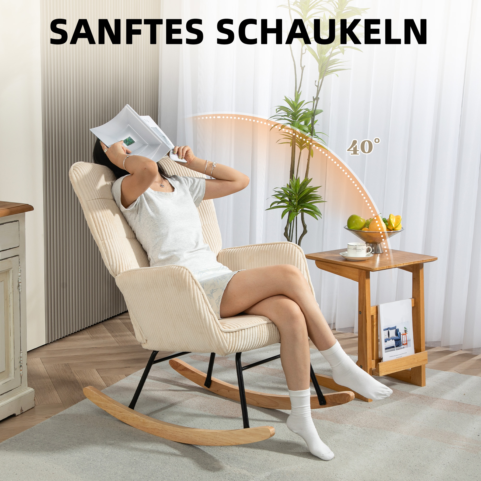 Vintage Schaukelstuhl, geschwungene Kufen, dicke Polsterung, Buchenholz & Stahl, Beige