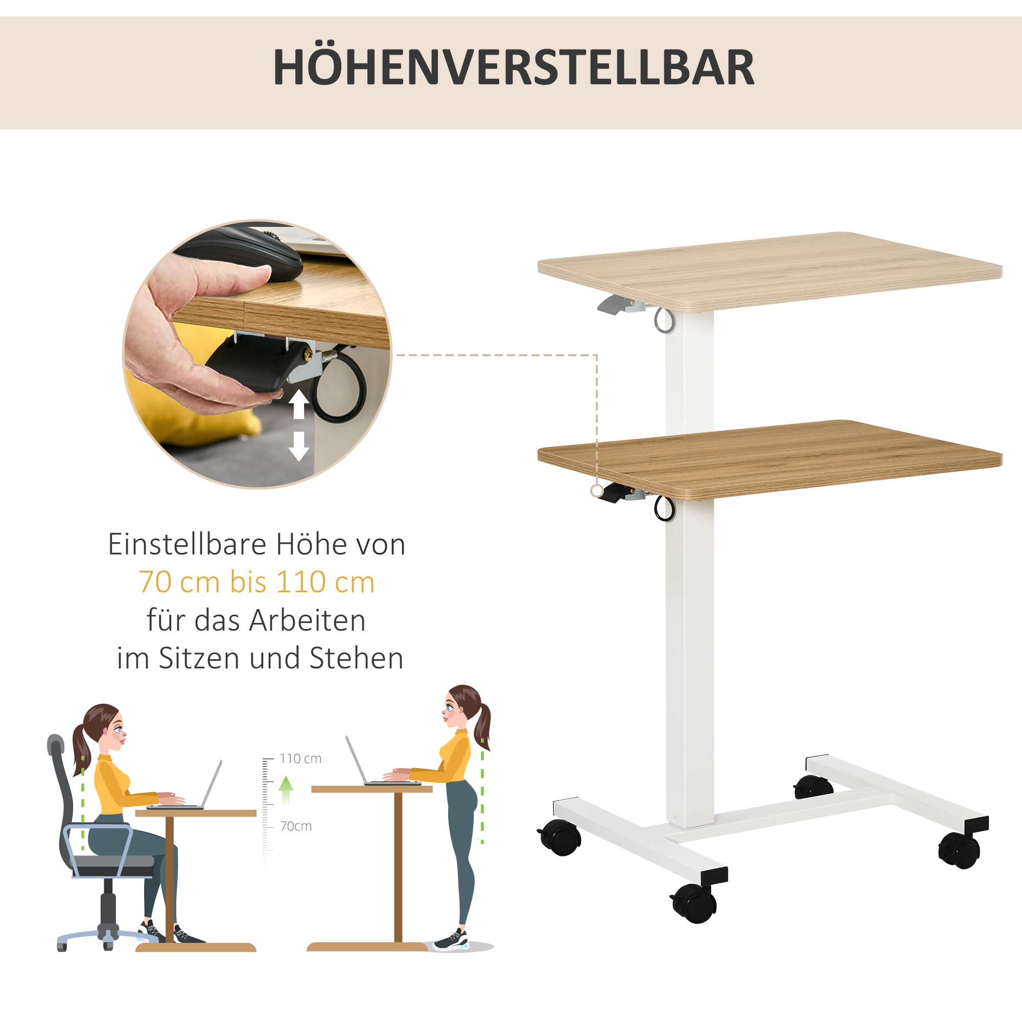 Stehpult Höhenverstellbar inkl. 4 Rollen C-Form 65 cm x 48 cm x 70-110 cm  Natur + Weiß