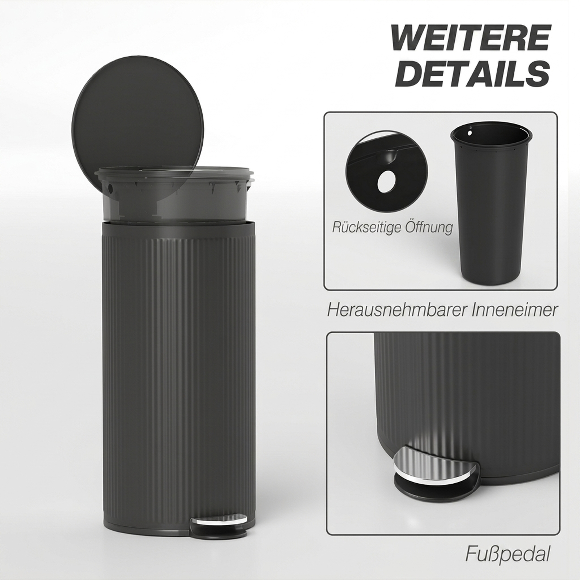 Mülleimer 30 L Treteimer mit Softclose-Deckel und Pedal, Inneneimer Metall, Schwarz, 36 x 30 x 60,5 cm