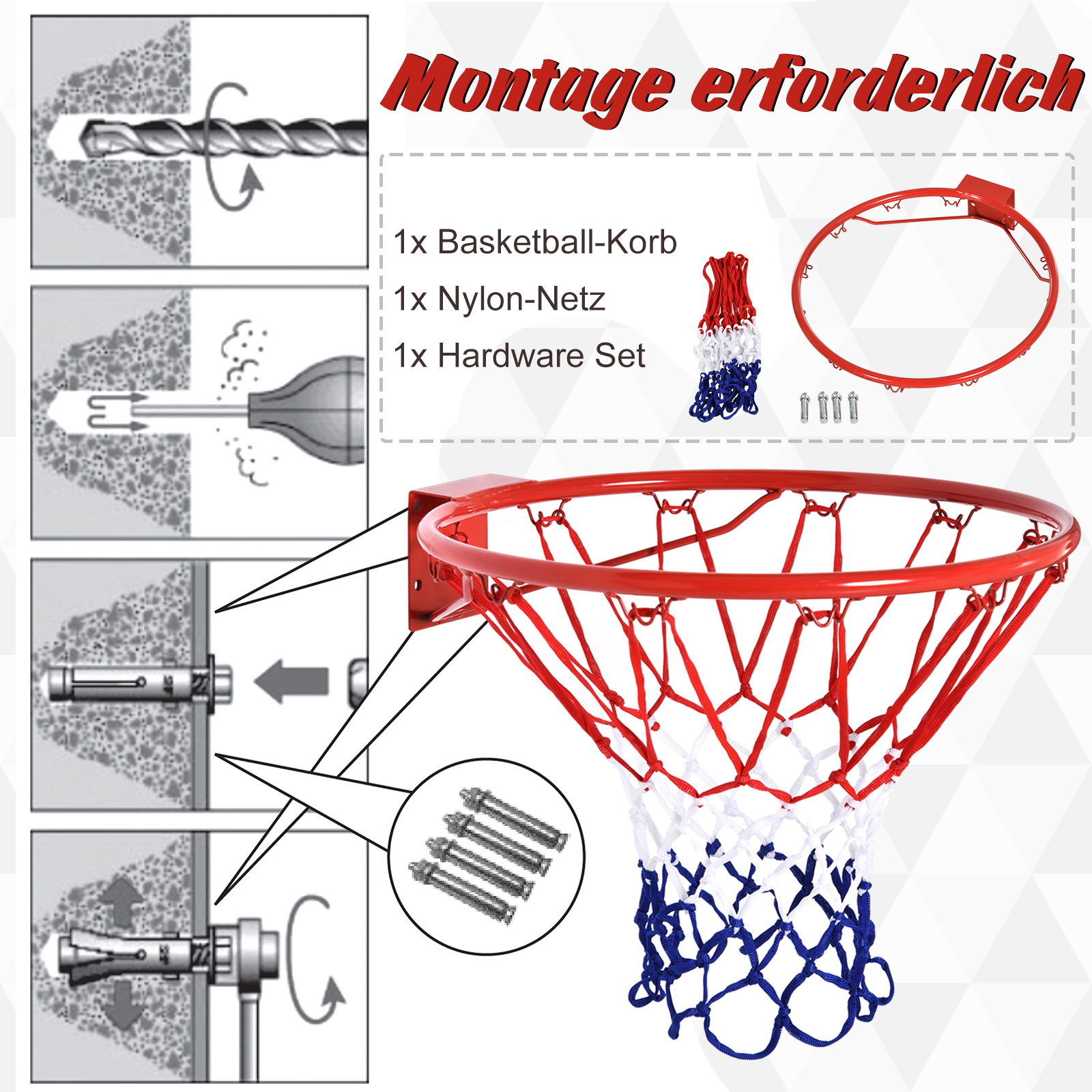 Basketballkorb, Indoor & Outdoor mit Ø46 cm Korb und Netz, Wandmontage, Basketball Board für Jugendliche Erwachsene, Rot + Blau + Weiß
