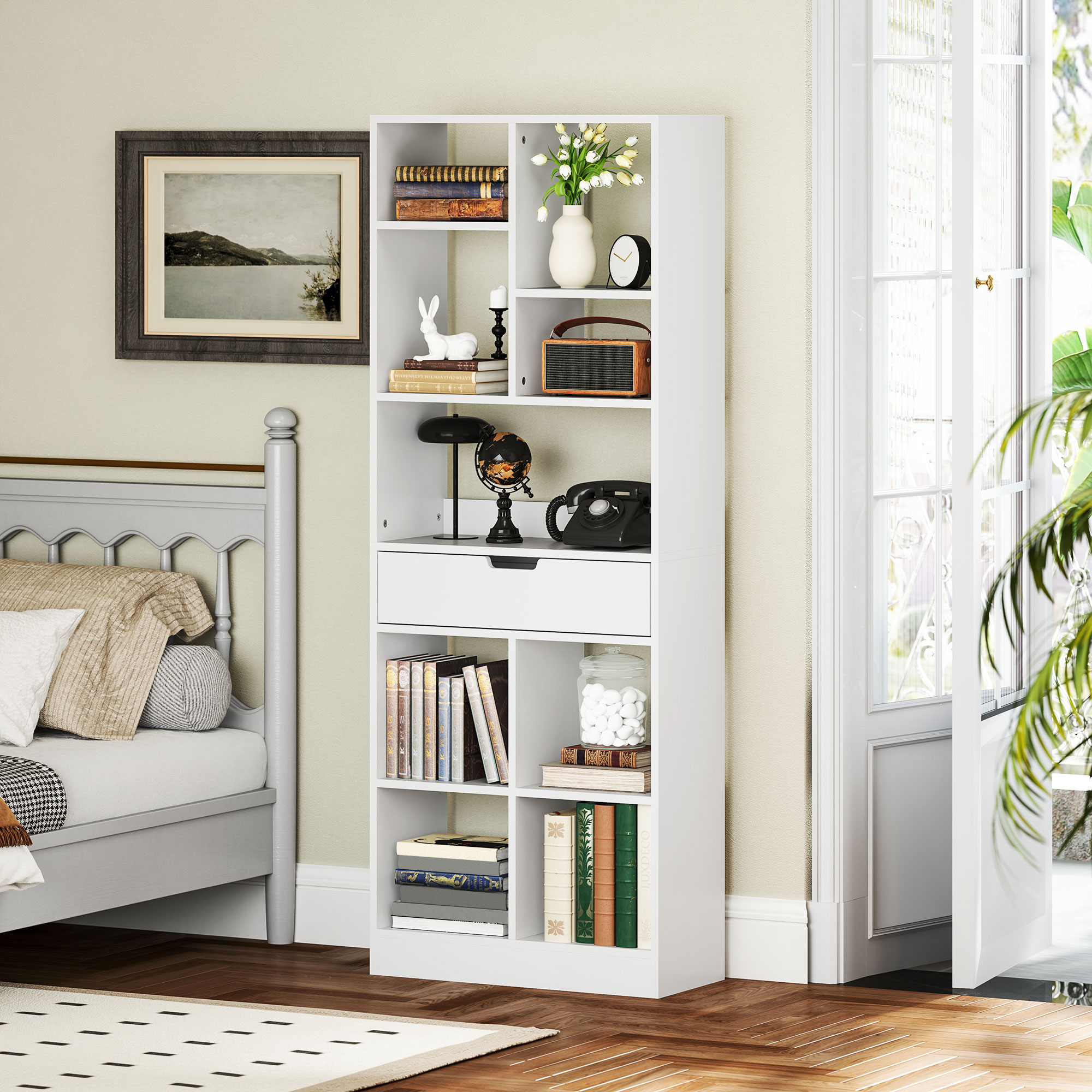 Bücherregal, Mehrzweckregal, 9 Fächer, Schublade, Kippschutz, 60 x 26 x 158 cm, Weiß